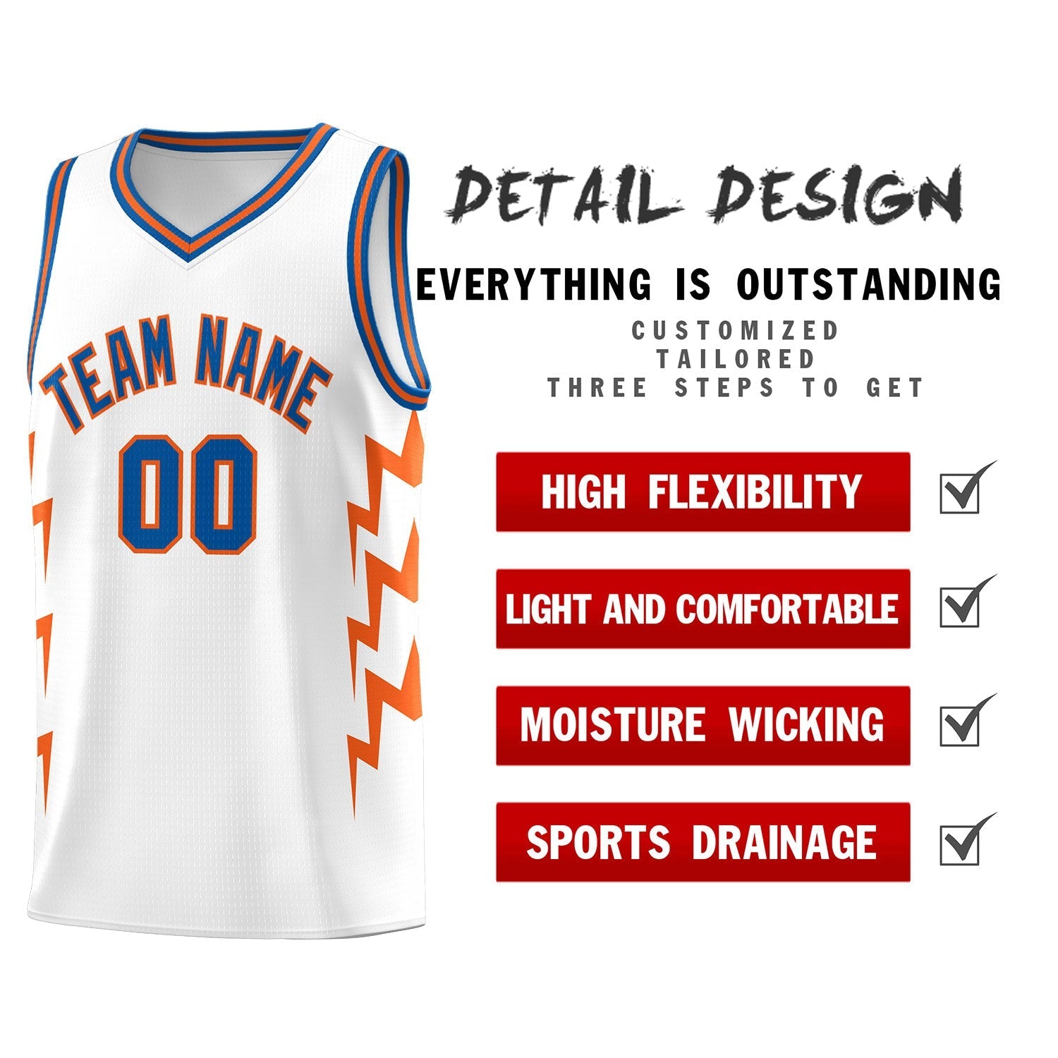 Custom White Side Lightning Pattern Sports Uniform Basketball Jersey