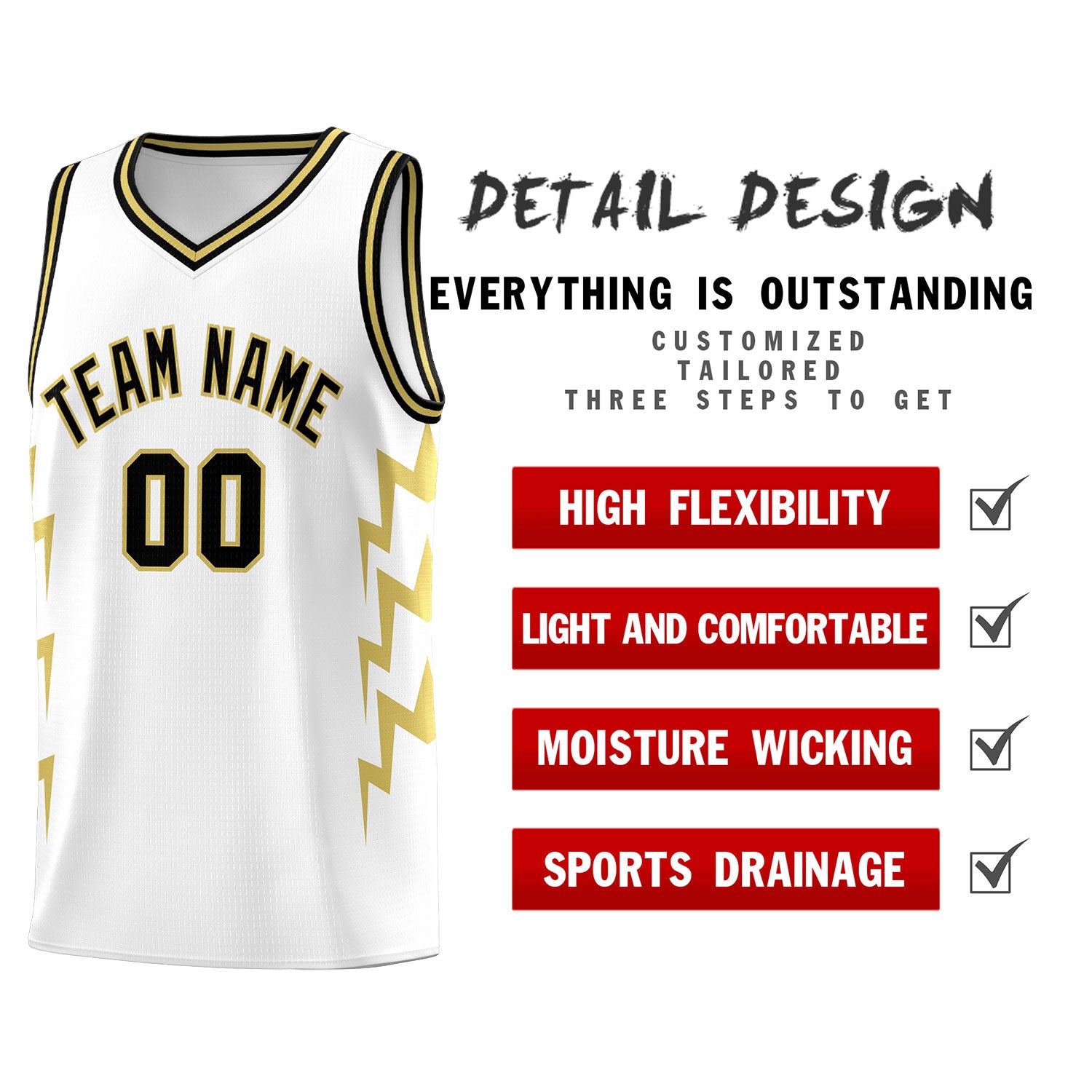 Custom White Side Lightning Pattern Sports Uniform Basketball Jersey