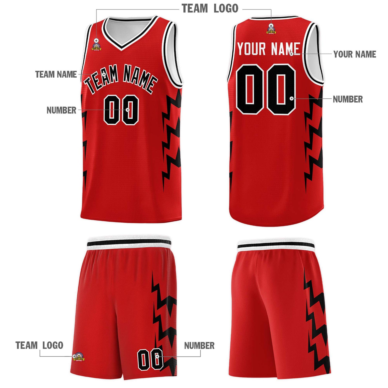 Custom Red Side Lightning Pattern Sports Uniform Basketball Jersey