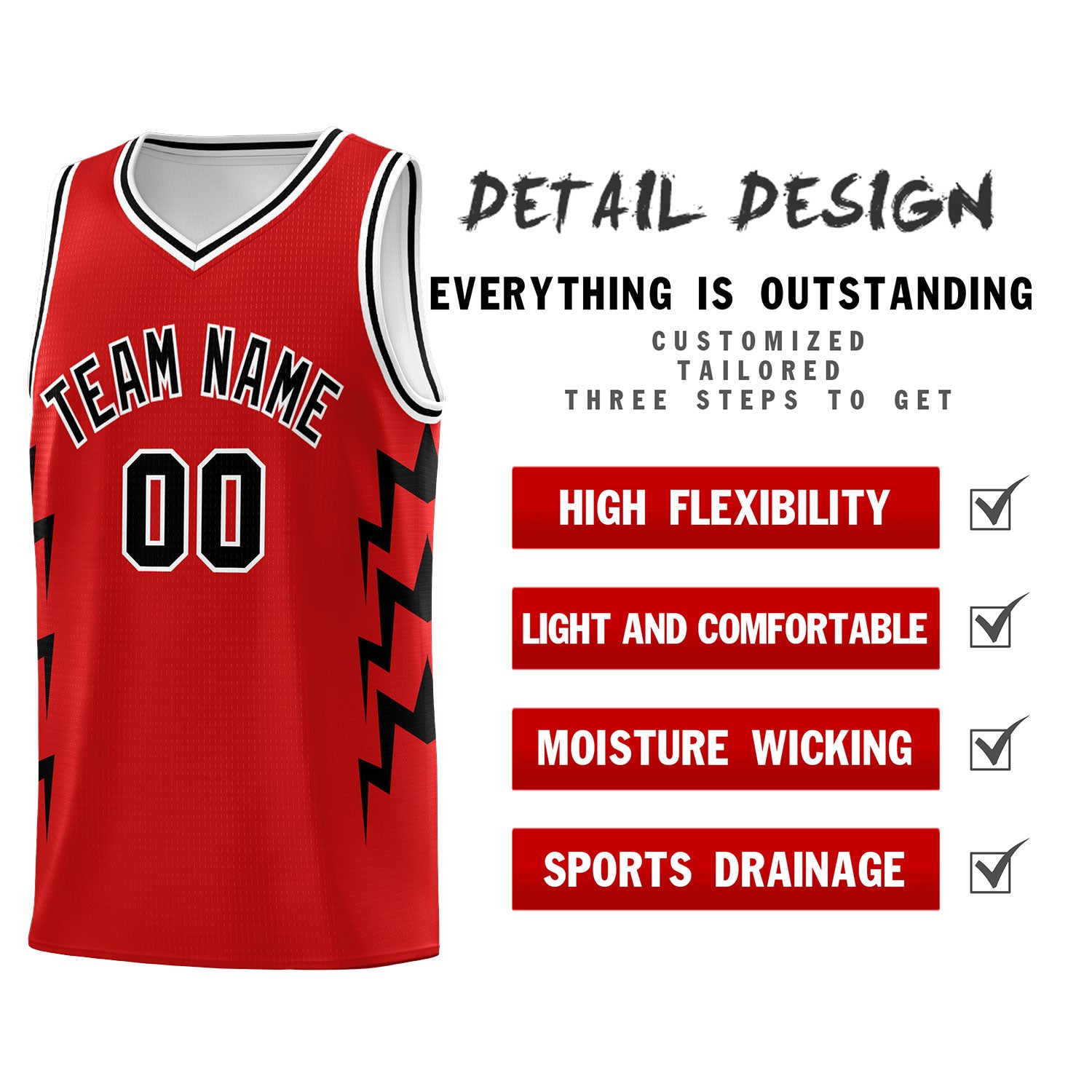 Custom Red Side Lightning Pattern Sports Uniform Basketball Jersey