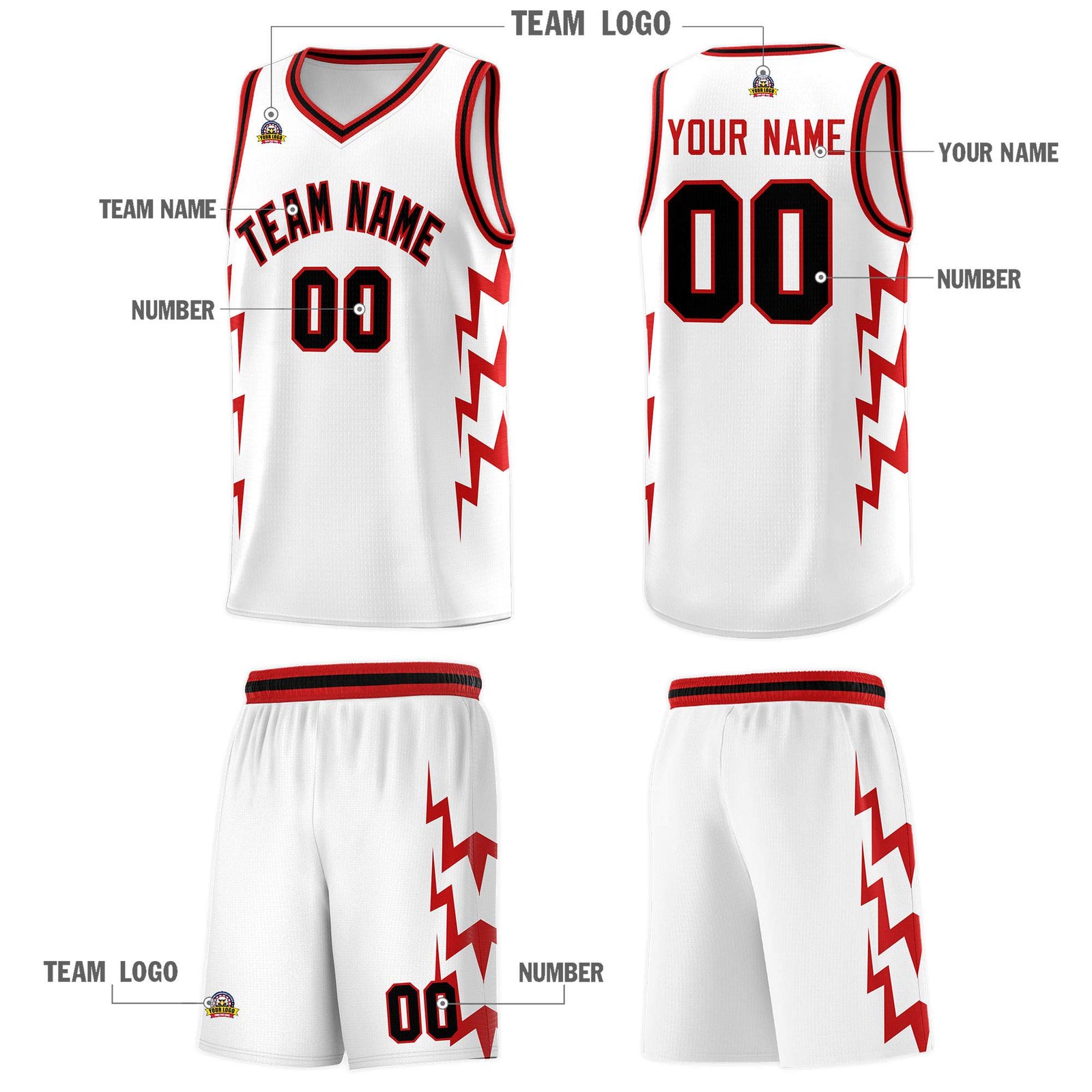 Custom White Side Lightning Pattern Sports Uniform Basketball Jersey