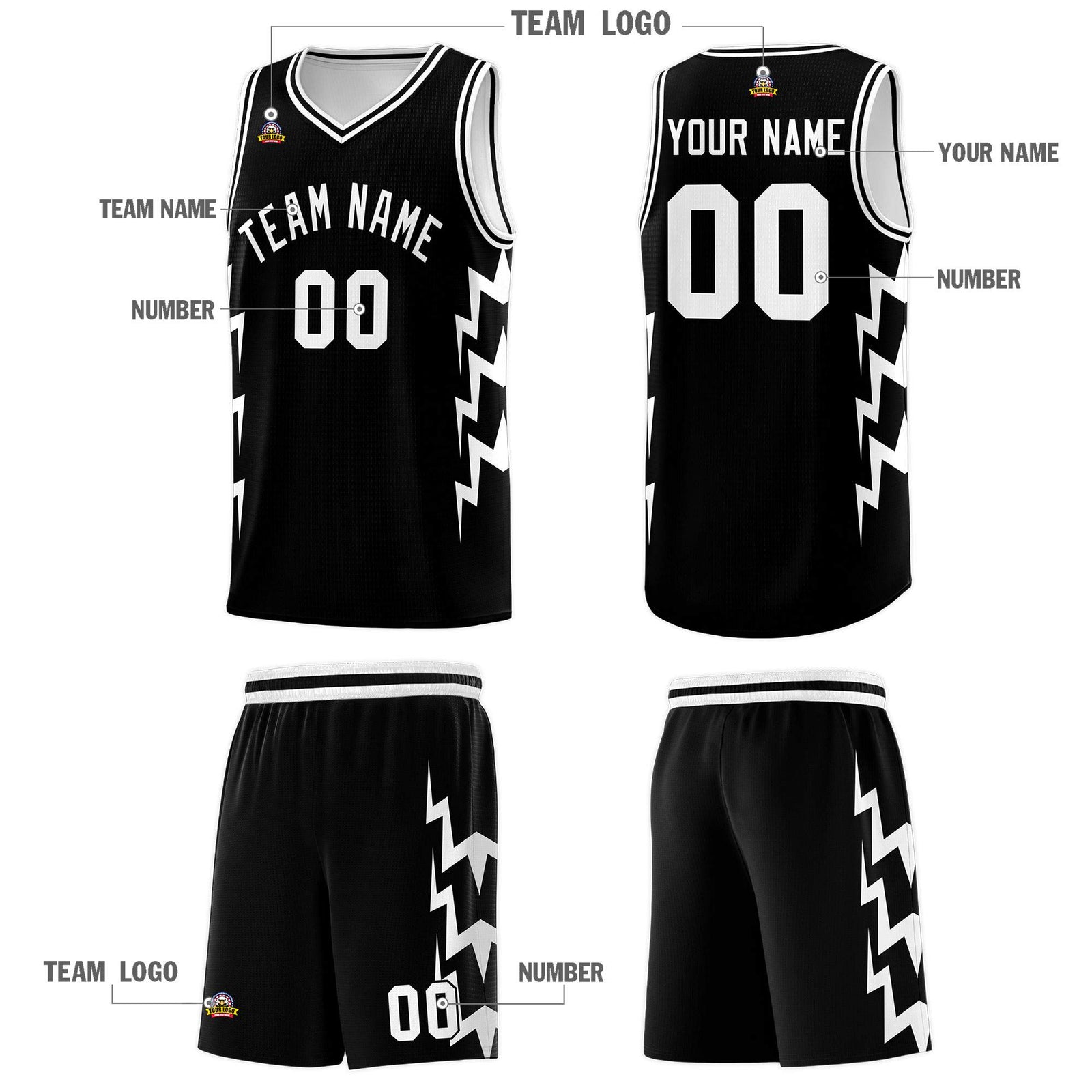 Custom Black Side Lightning Pattern Sports Uniform Basketball Jersey
