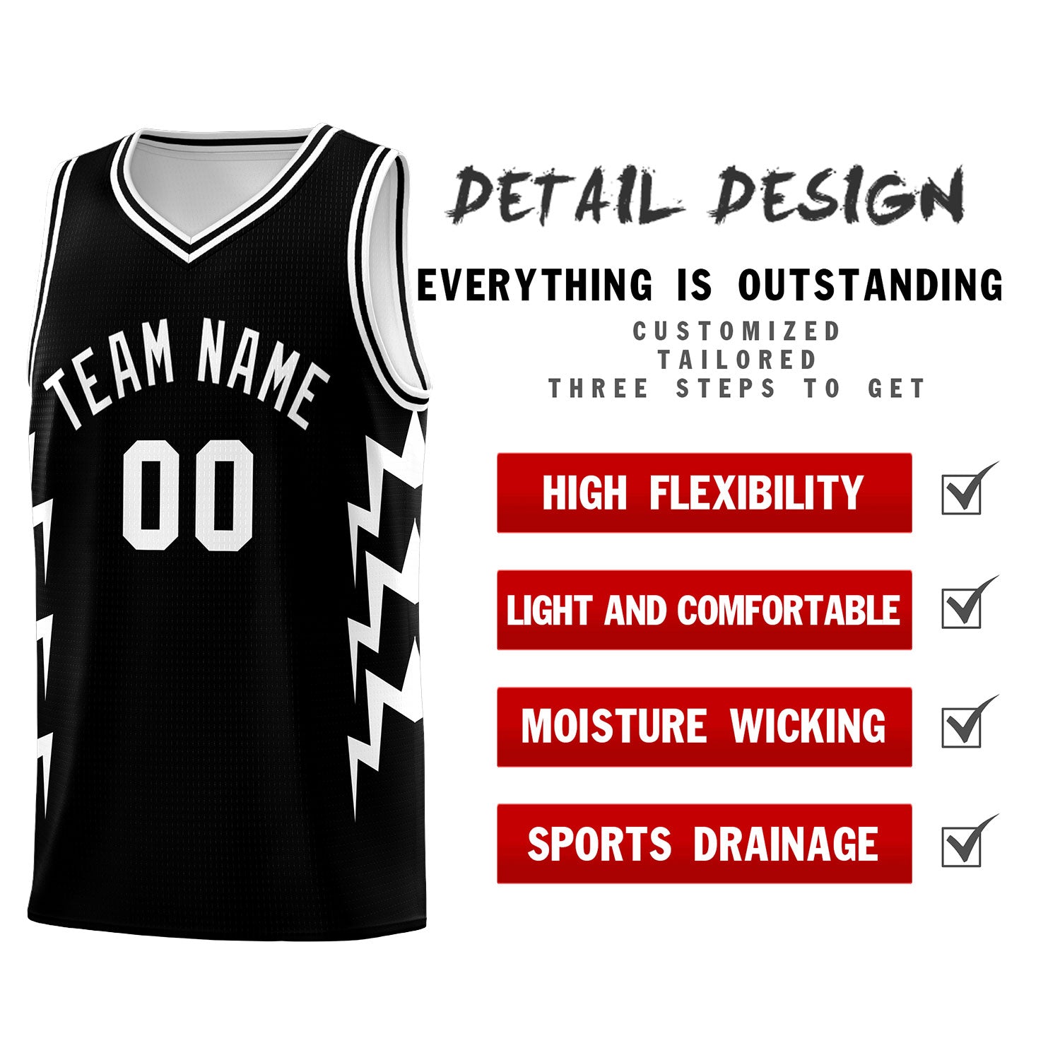 Custom Black Side Lightning Pattern Sports Uniform Basketball Jersey