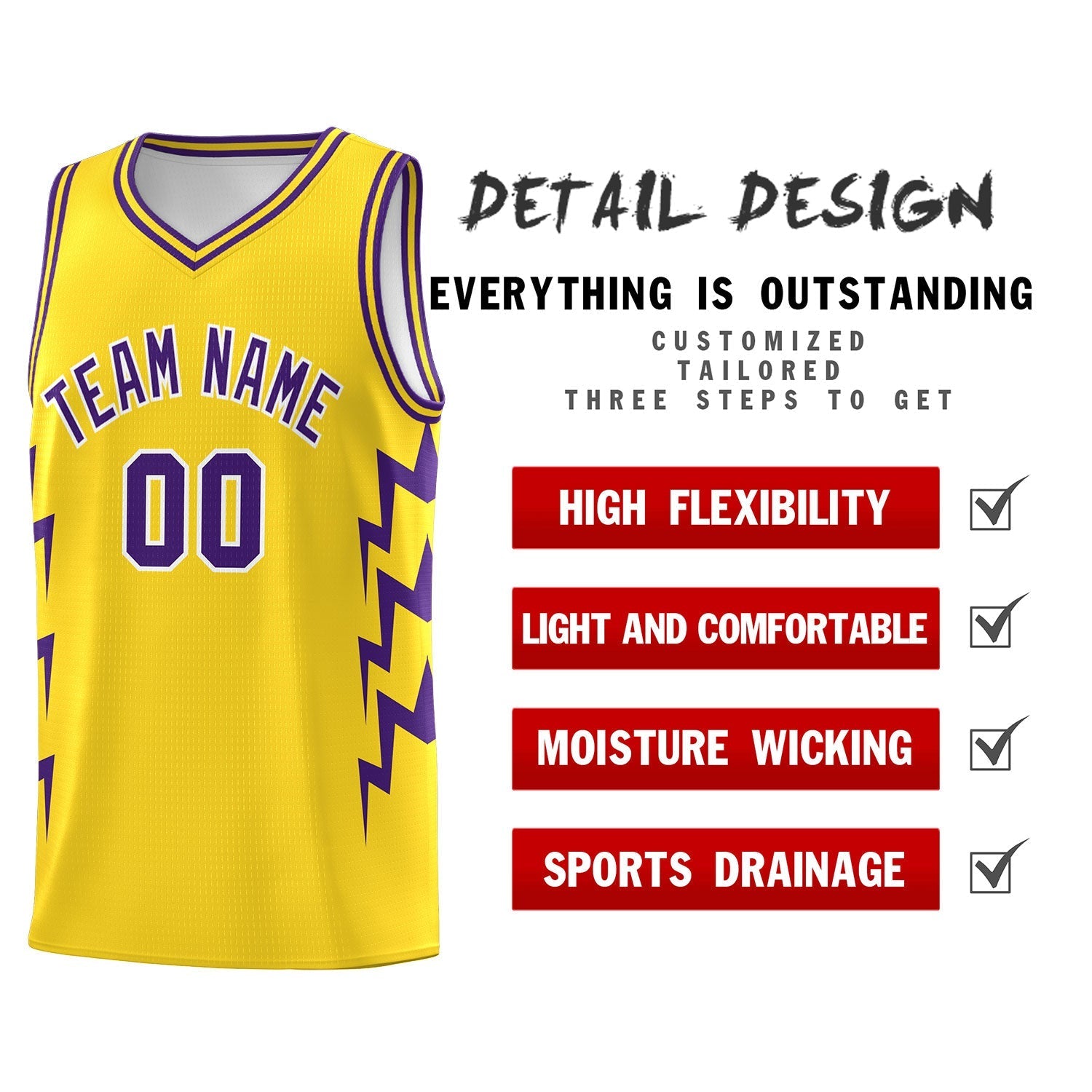 Custom Gold Side Lightning Pattern Sports Uniform Basketball Jersey