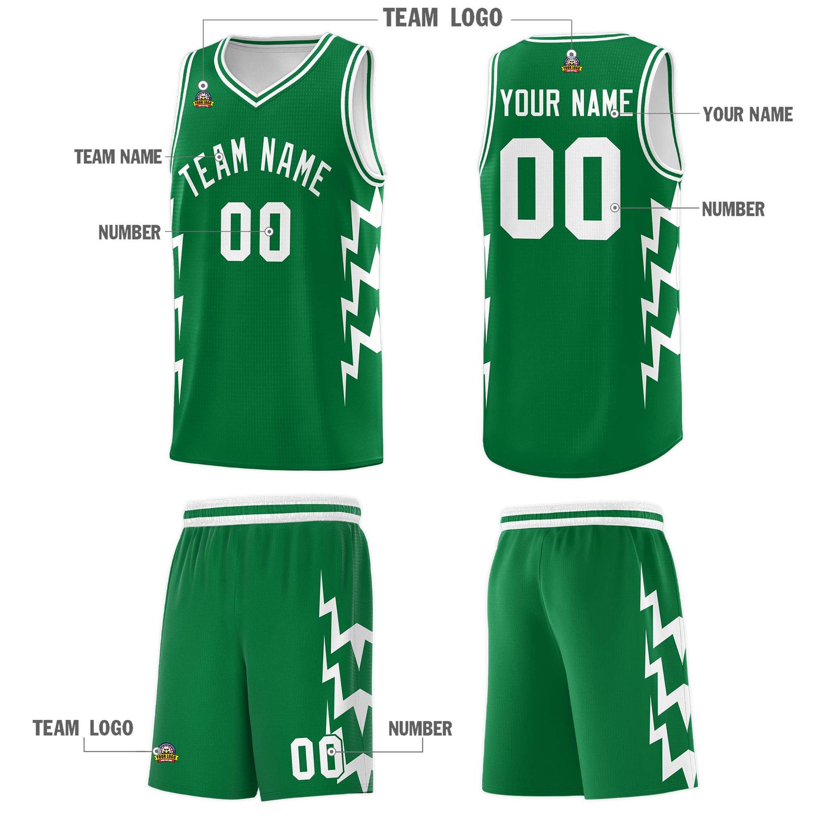 Custom Kelly Green Side Lightning Pattern Sports Uniform Basketball Jersey