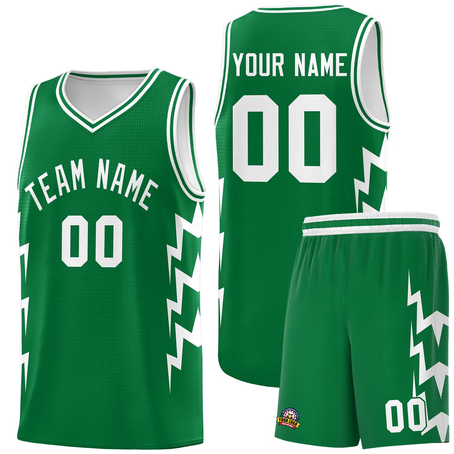 Custom Kelly Green Side Lightning Pattern Sports Uniform Basketball Jersey