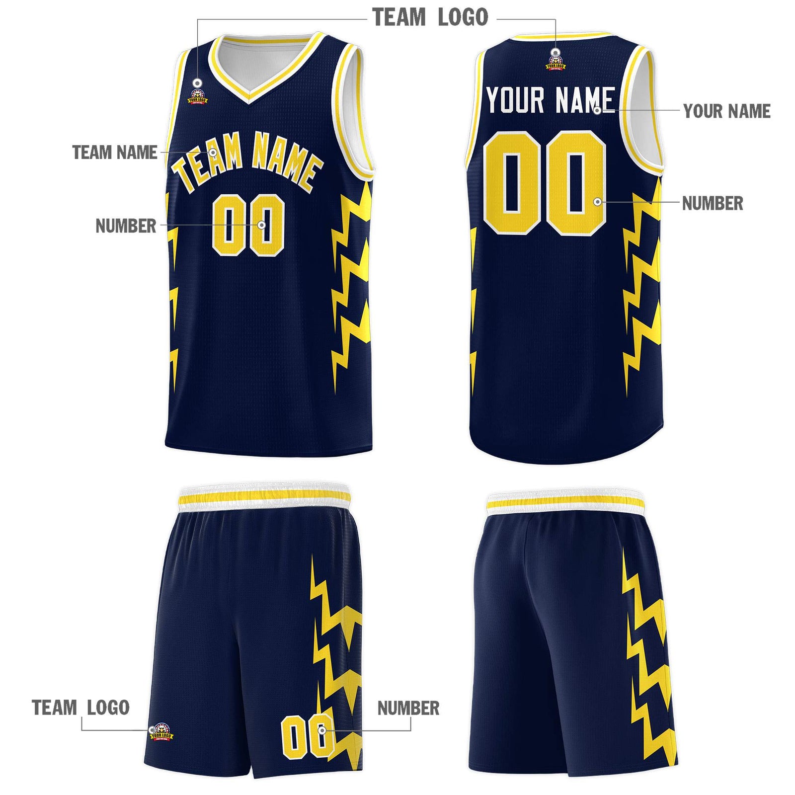 Custom Navy Side Lightning Pattern Sports Uniform Basketball Jersey