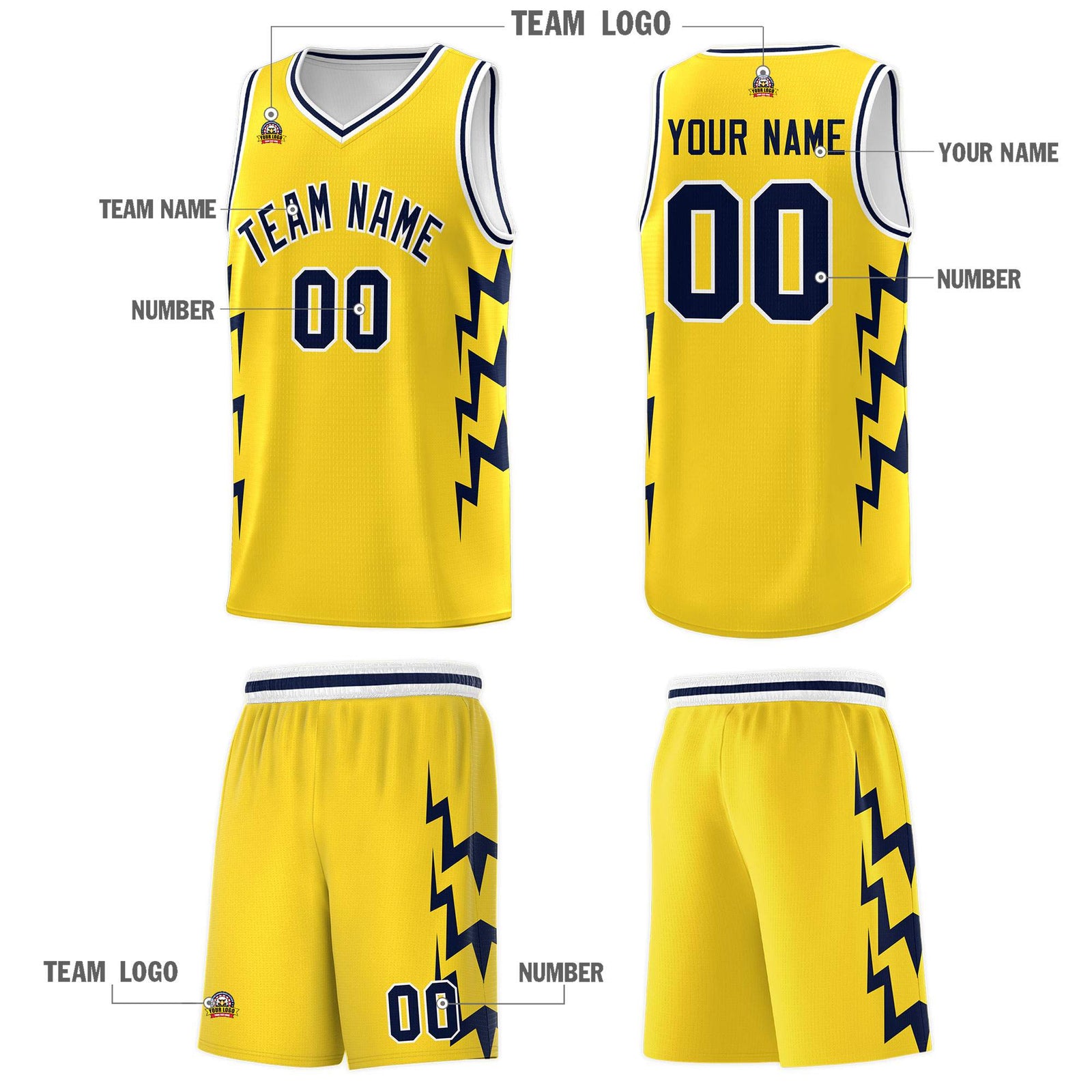 Custom Gold Side Lightning Pattern Sports Uniform Basketball Jersey