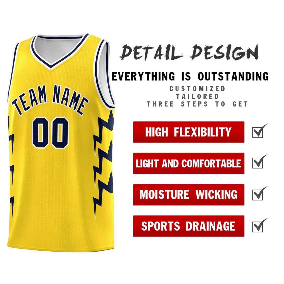 Custom Gold Side Lightning Pattern Sports Uniform Basketball Jersey