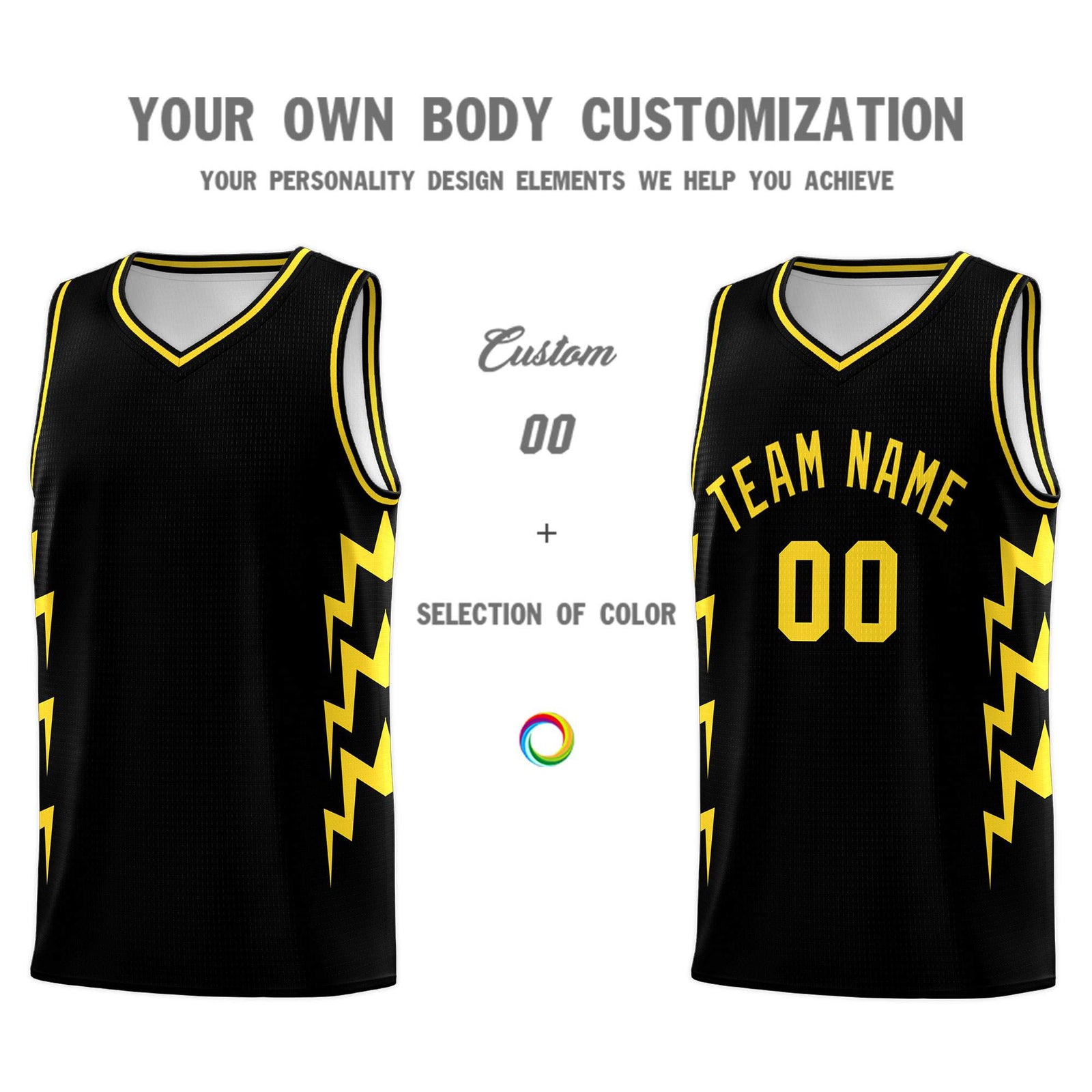 Custom Black Side Lightning Pattern Sports Uniform Basketball Jersey