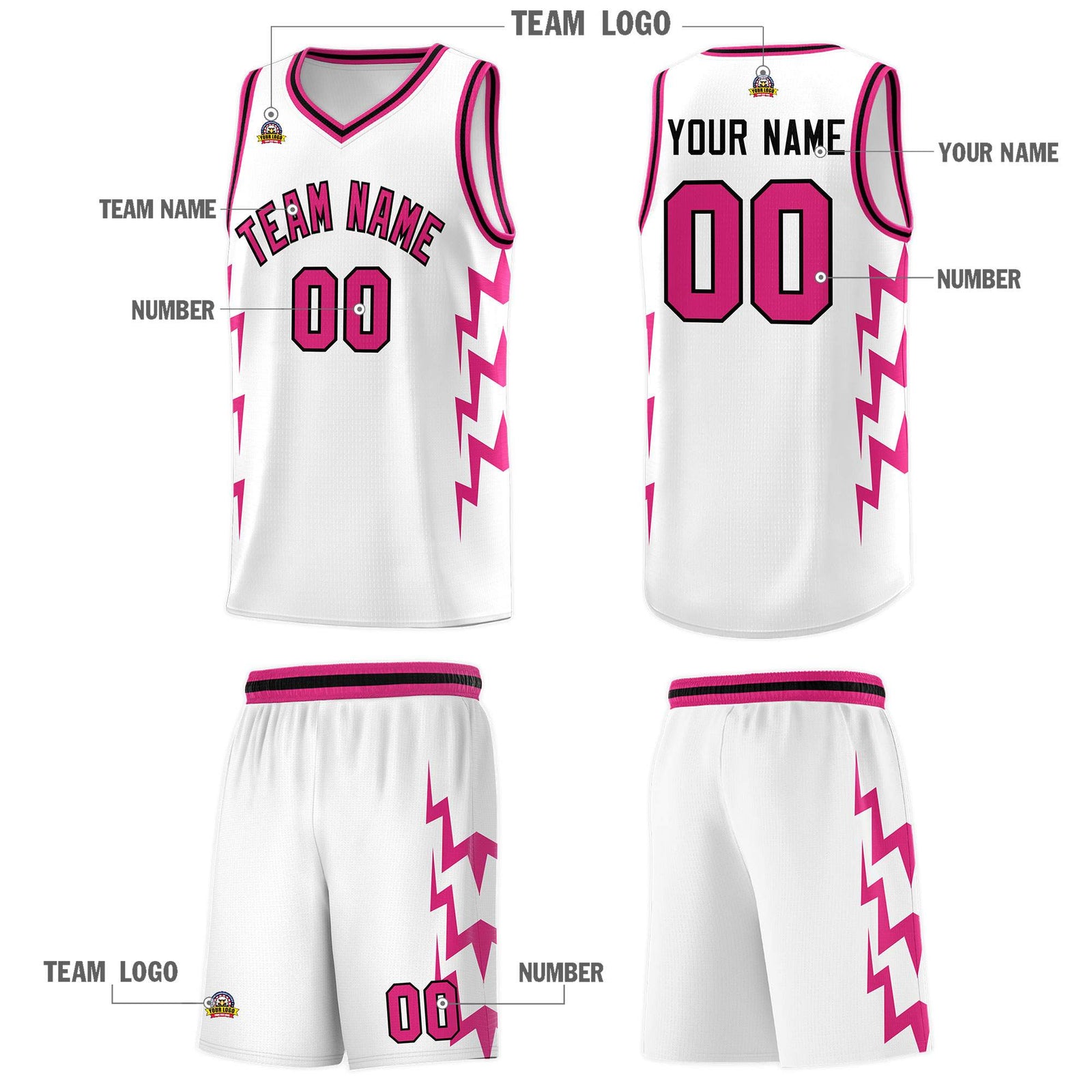 Custom White Side Lightning Pattern Sports Uniform Basketball Jersey
