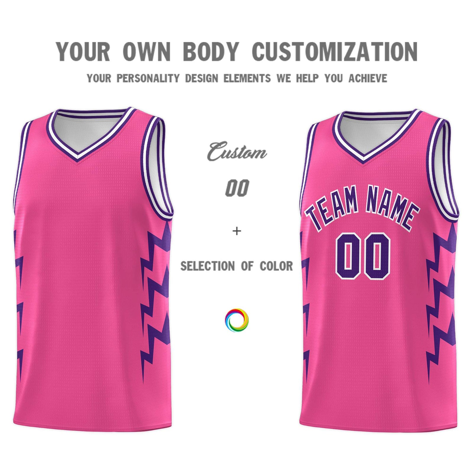 Custom Pink Side Lightning Pattern Sports Uniform Basketball Jersey