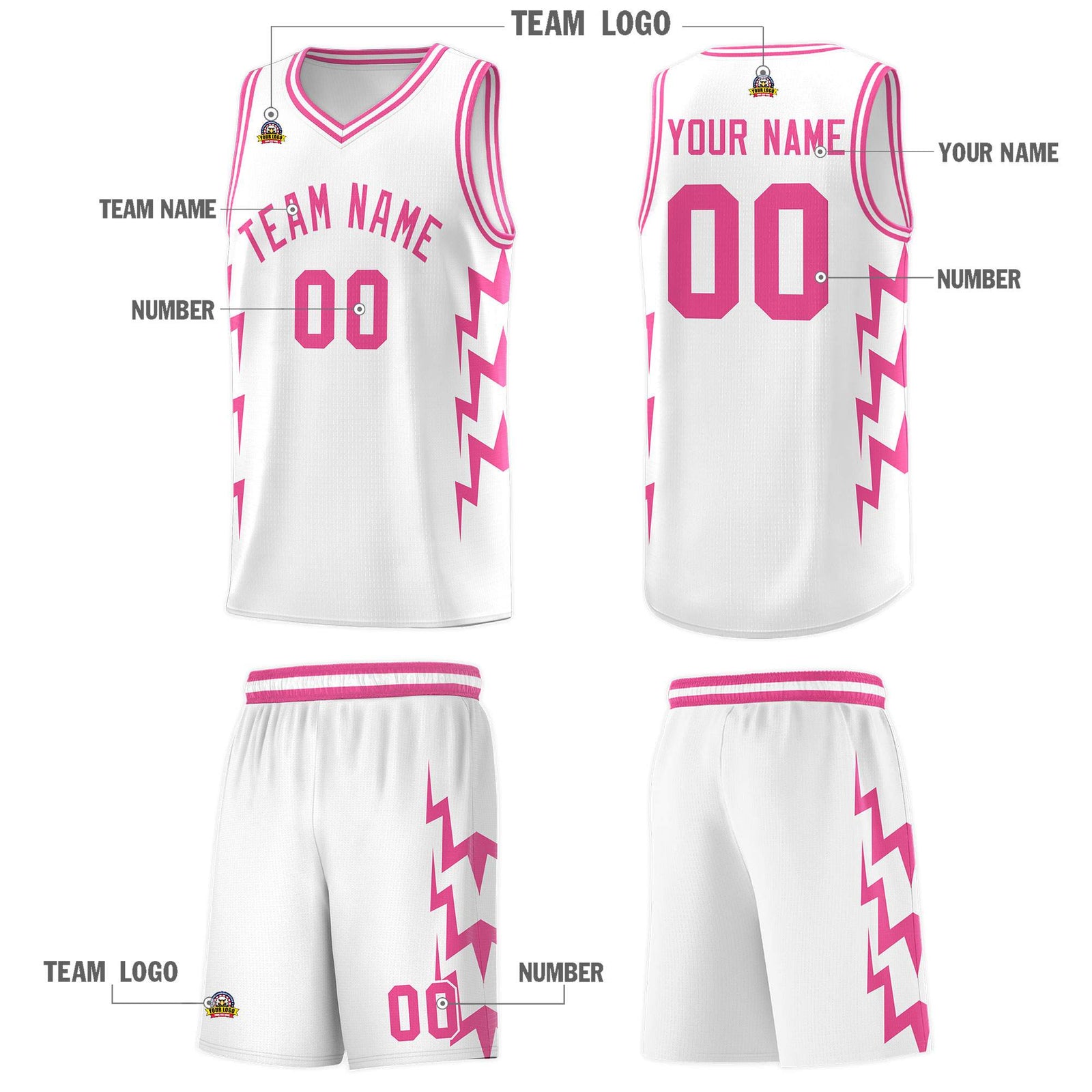 Custom White Side Lightning Pattern Sports Uniform Basketball Jersey