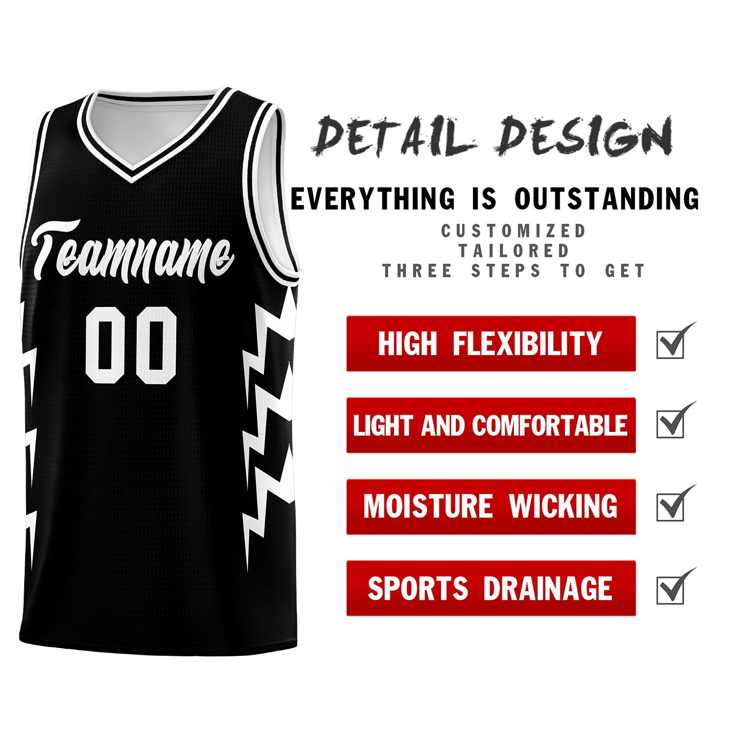 Custom Black Side Lightning Pattern Sports Uniform Basketball Jersey