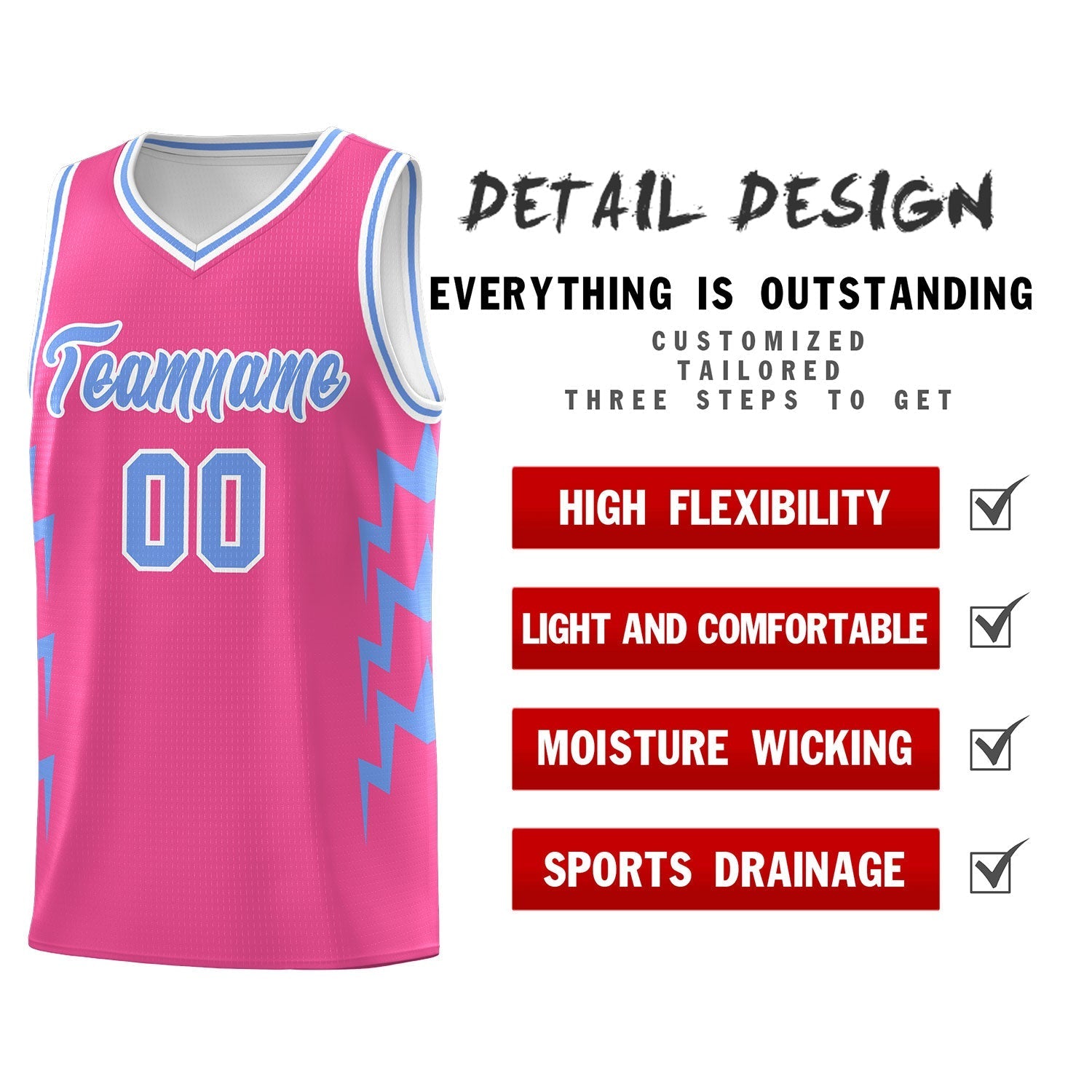 Custom Pink Side Lightning Pattern Sports Uniform Basketball Jersey