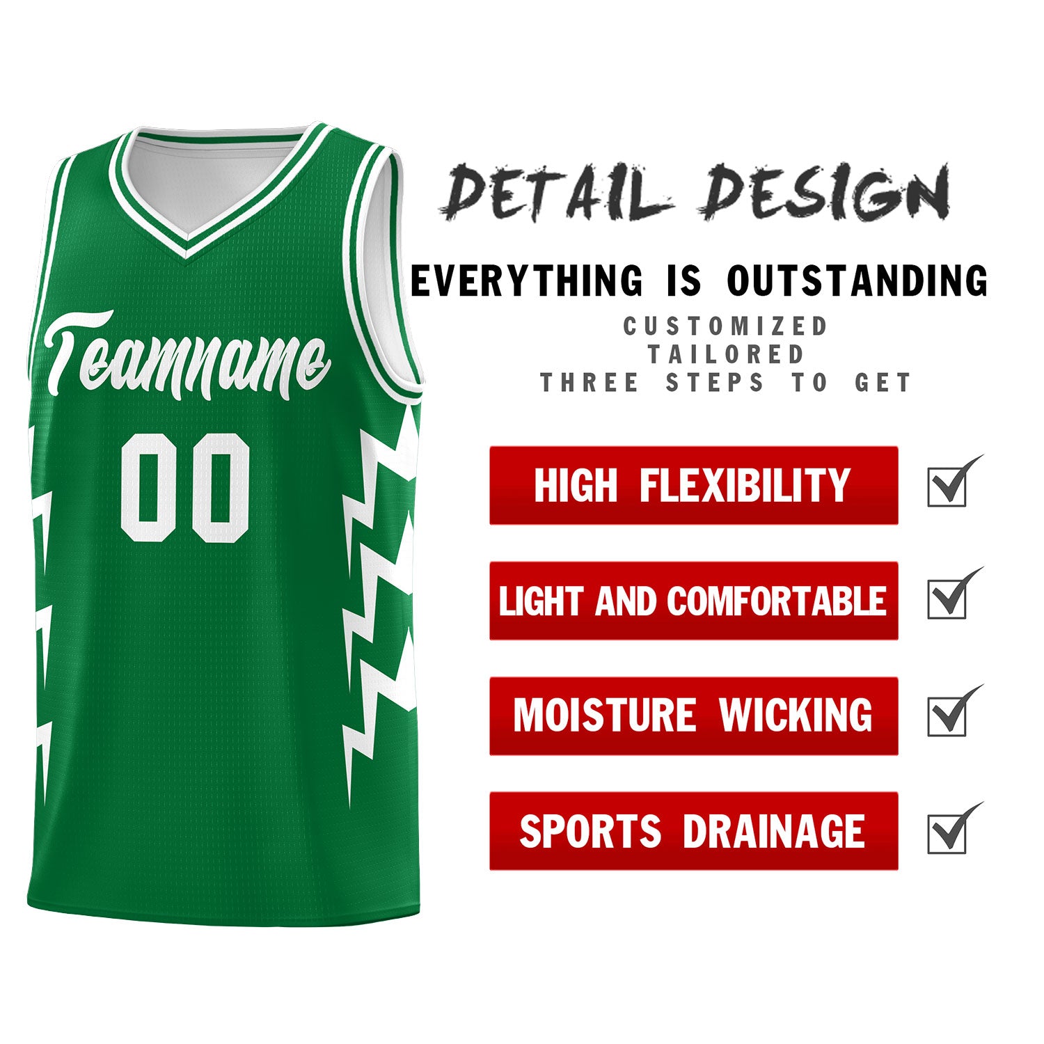 Custom Kelly Green Side Lightning Pattern Sports Uniform Basketball Jersey