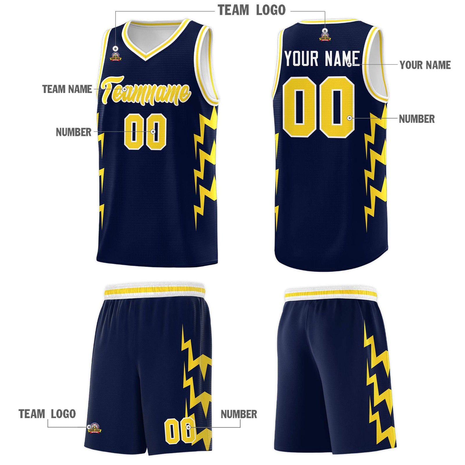 Custom Navy Side Lightning Pattern Sports Uniform Basketball Jersey