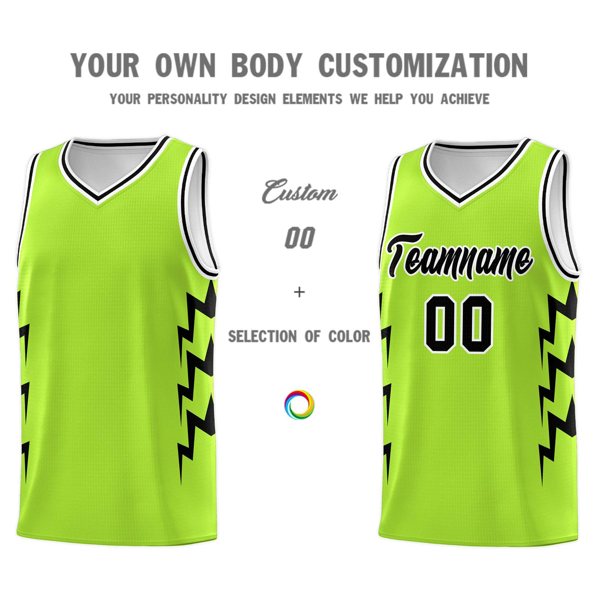 Custom Neon Green Side Lightning Pattern Sports Uniform Basketball Jersey