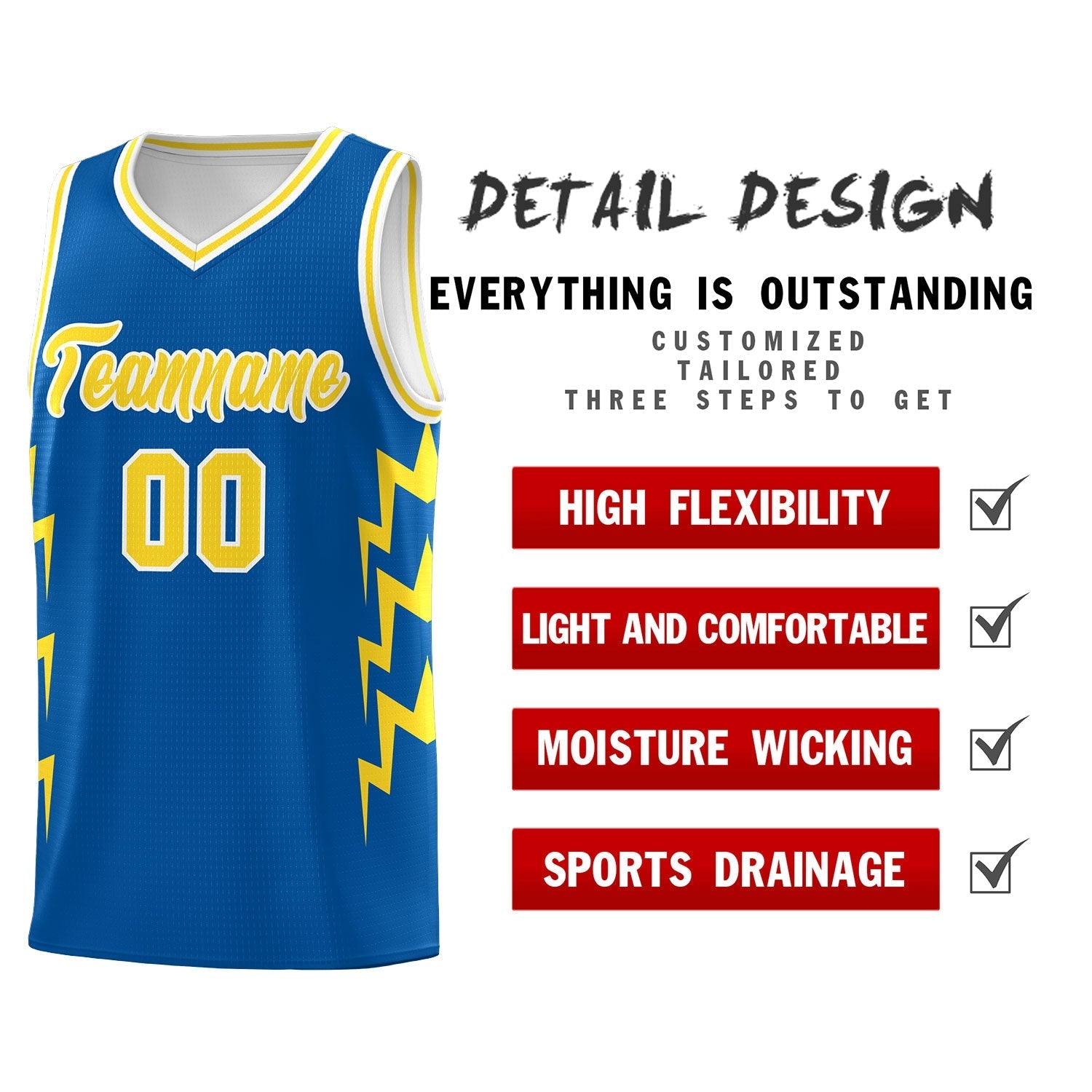 Custom Royal Side Lightning Pattern Sports Uniform Basketball Jersey