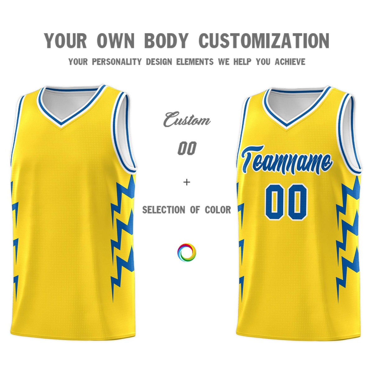 Custom Gold Side Lightning Pattern Sports Uniform Basketball Jersey