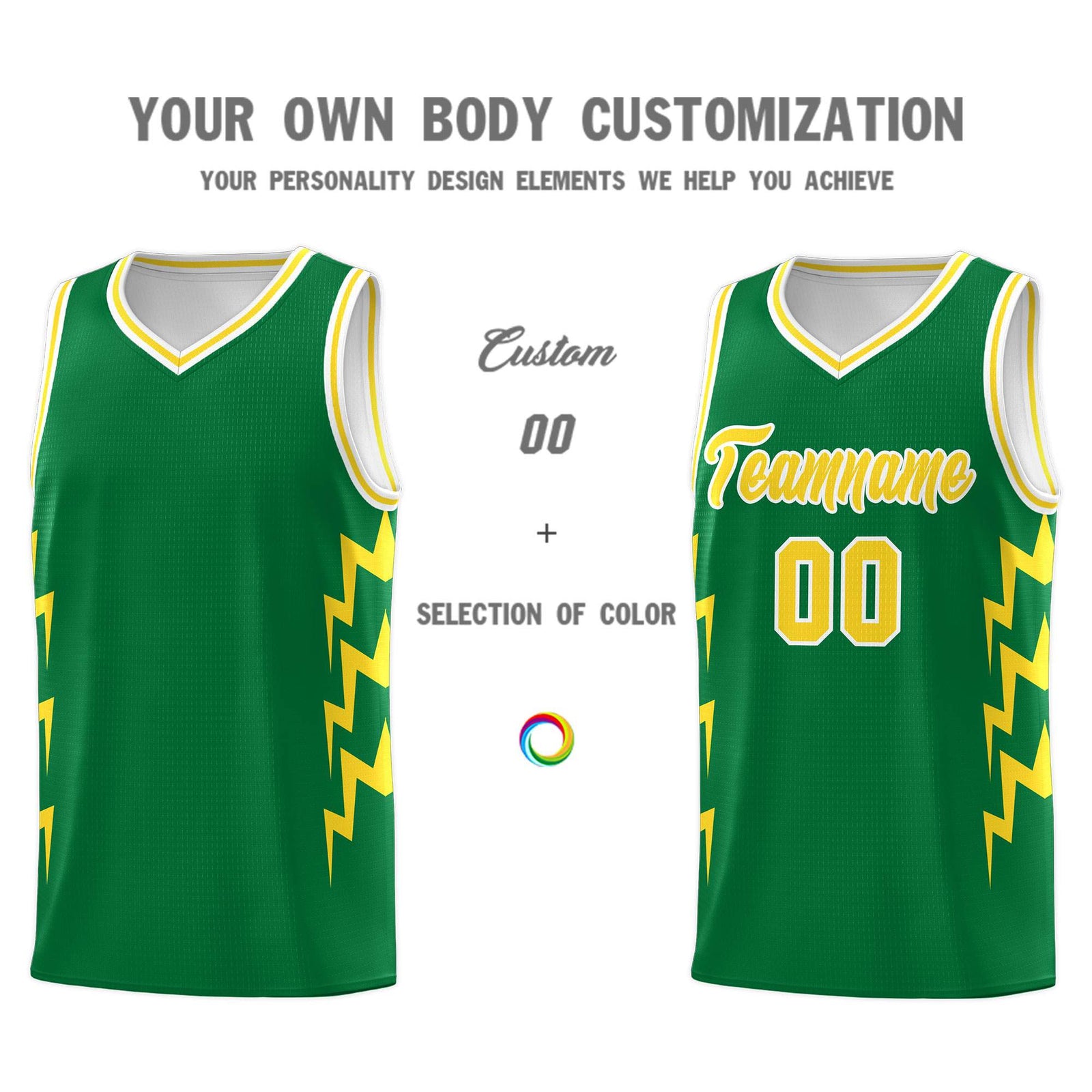 Custom Kelly Green Side Lightning Pattern Sports Uniform Basketball Jersey