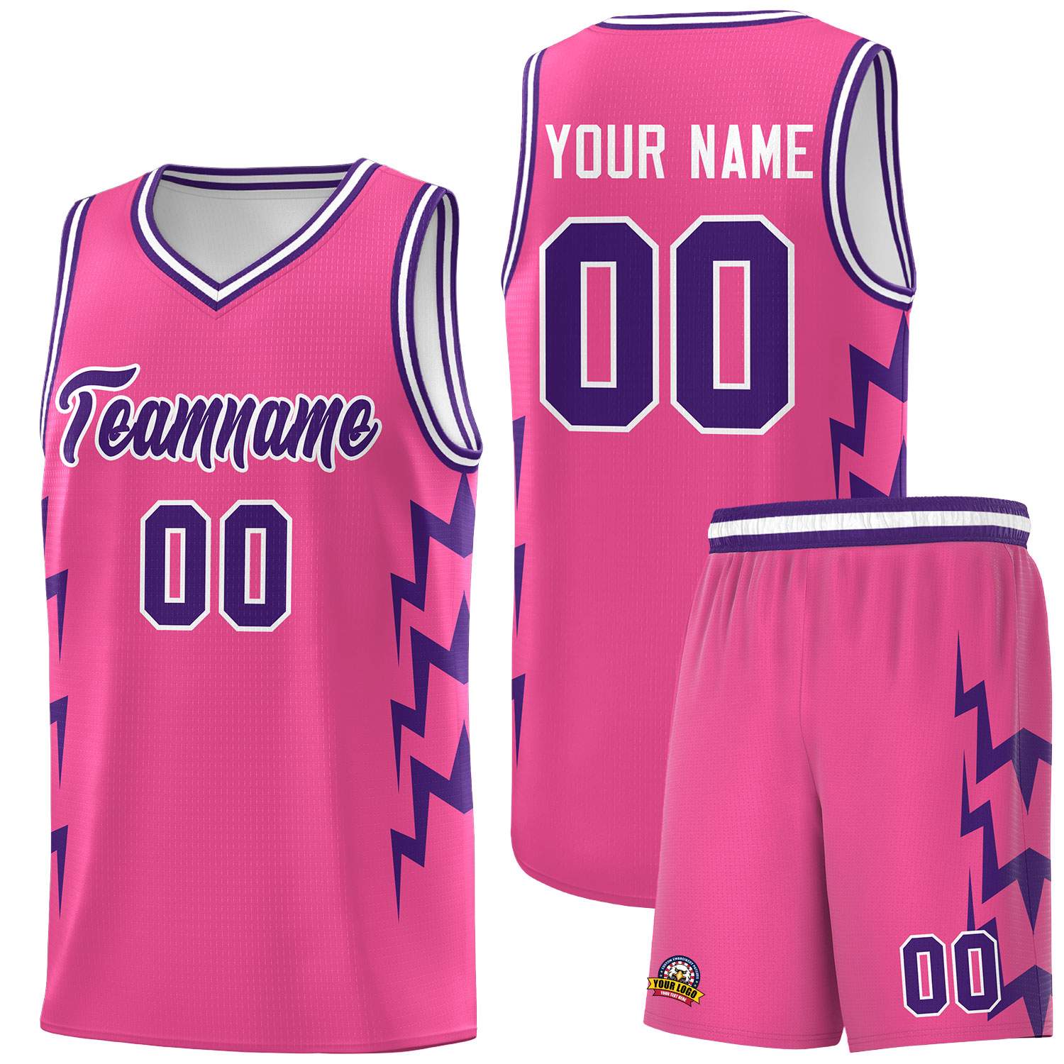 Custom Pink Side Lightning Pattern Sports Uniform Basketball Jersey