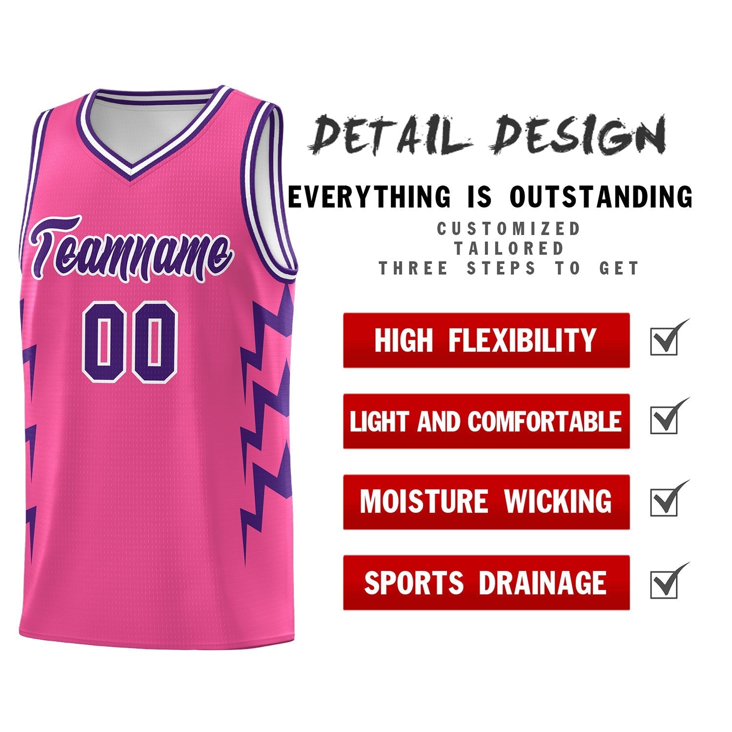 Custom Pink Side Lightning Pattern Sports Uniform Basketball Jersey