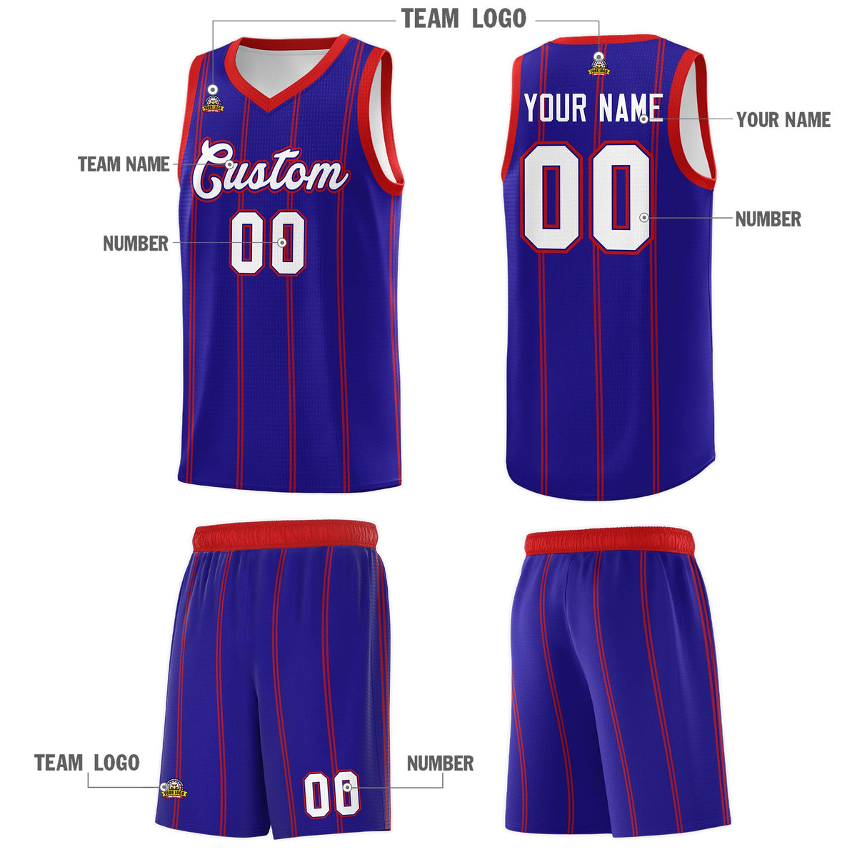 Custom Royal Blue Red White Vertical Stripes Single Sided Sets Basketball Jersey | For Men,Stitched,Perfect for Training,Add Name and Numbern | KXKSHOP