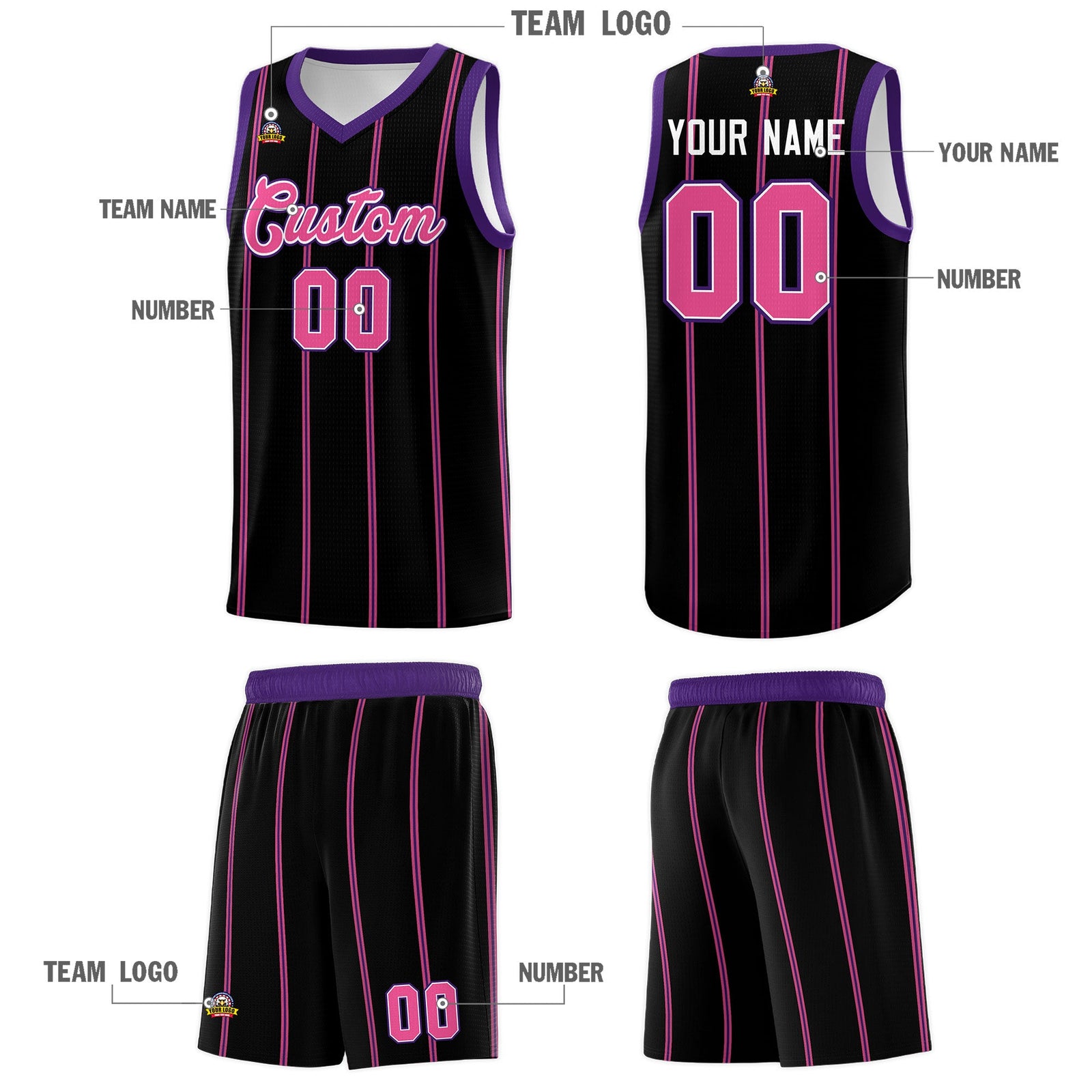 Custom Black Purple Pink White Vertical Stripes Single Sided Sets Basketball Jersey | For Men,Stitched,Perfect for Training,Add Name and Numbern | KXKSHOP