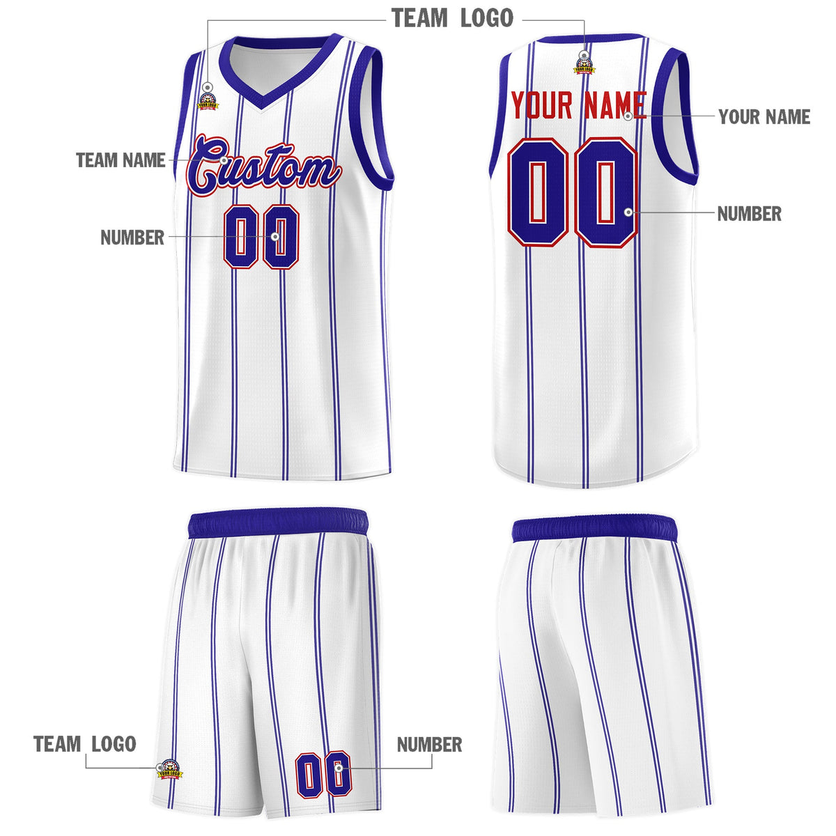 Custom White Royal Blue Red Vertical Stripes Single Sided Sets Basketball Jersey | For Men,Stitched,Perfect for Training,Add Name and Numbern | KXKSHOP