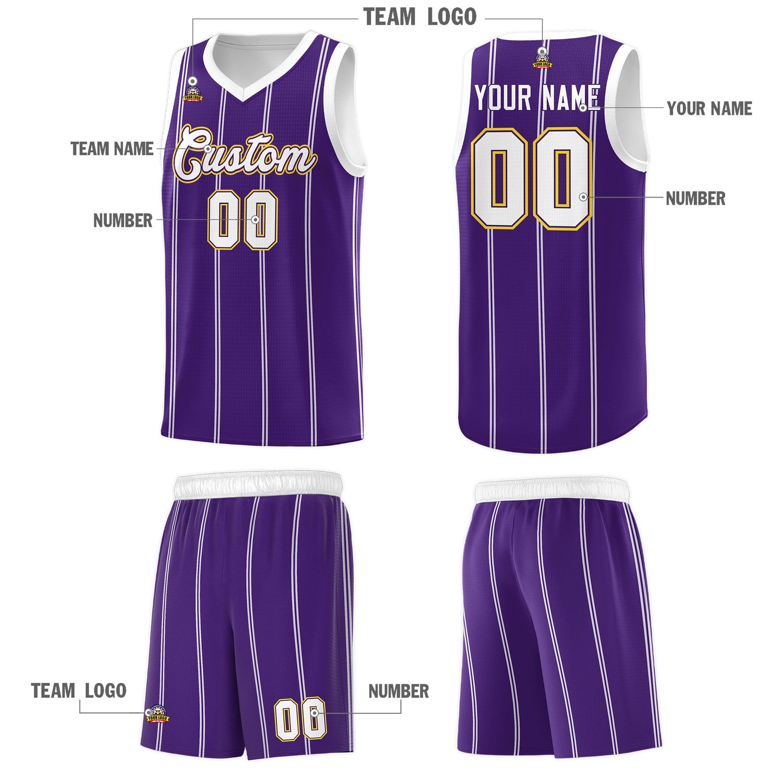 Custom Purple White Gold Vertical Stripes Single Sided Sets Basketball Jersey | For Men,Stitched,Perfect for Training,Add Name and Numbern | KXKSHOP