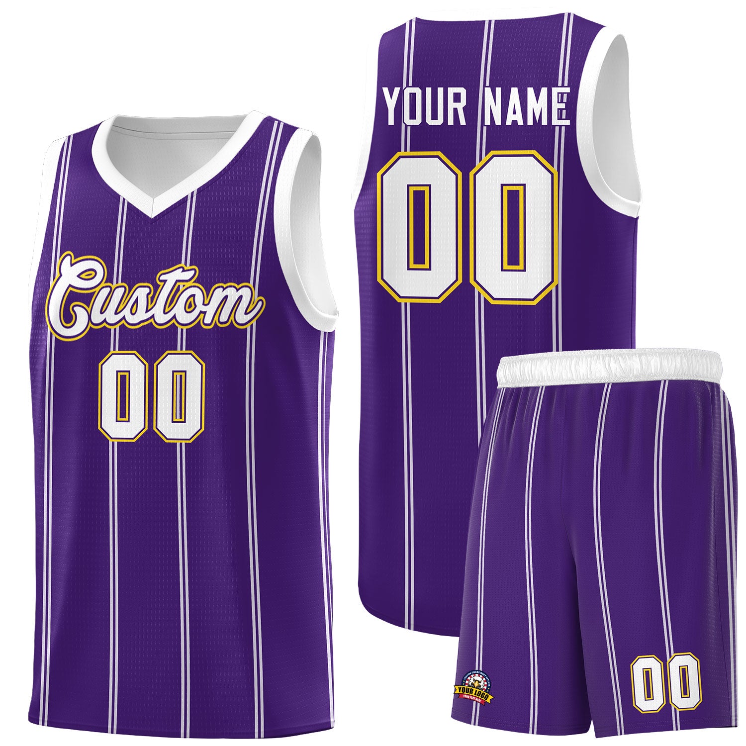 Custom Purple White Gold Vertical Stripes Single Sided Sets Basketball Jersey | For Men,Stitched,Perfect for Training,Add Name and Numbern | KXKSHOP