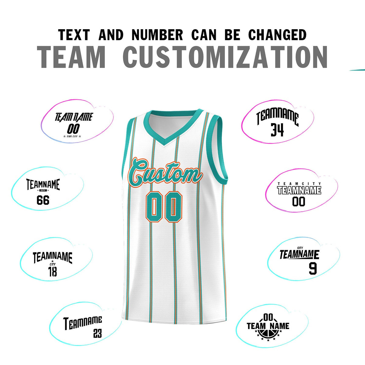 Custom White Aqua Orange Vertical Stripes Single Sided Sets Basketball Jersey | For Men,Stitched,Perfect for Training,Add Name and Numbern | KXKSHOP