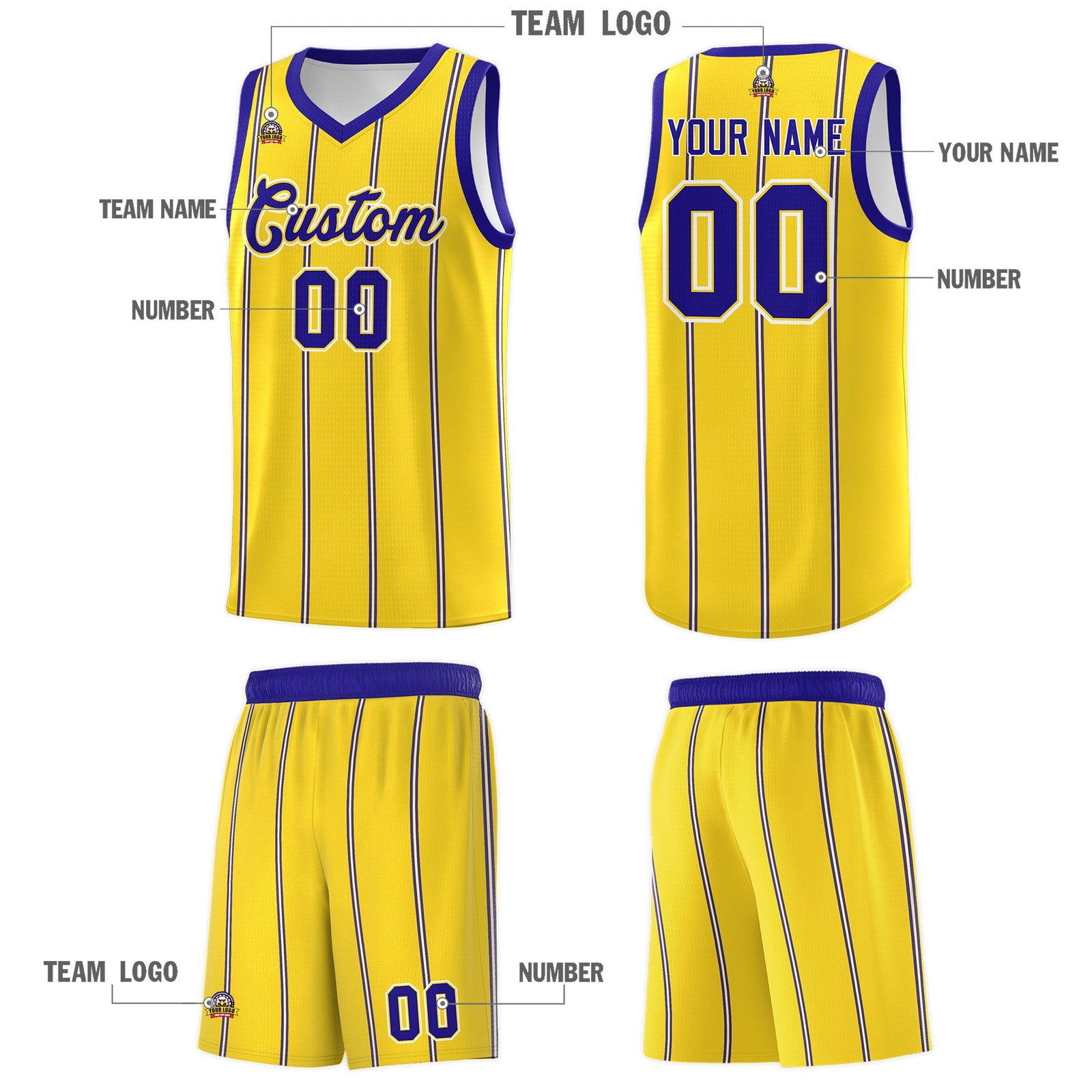 Custom Gold Royal Blue White Vertical Stripes Single Sided Sets Basketball Jersey | For Men,Stitched,Perfect for Training,Add Name and Numbern | KXKSHOP