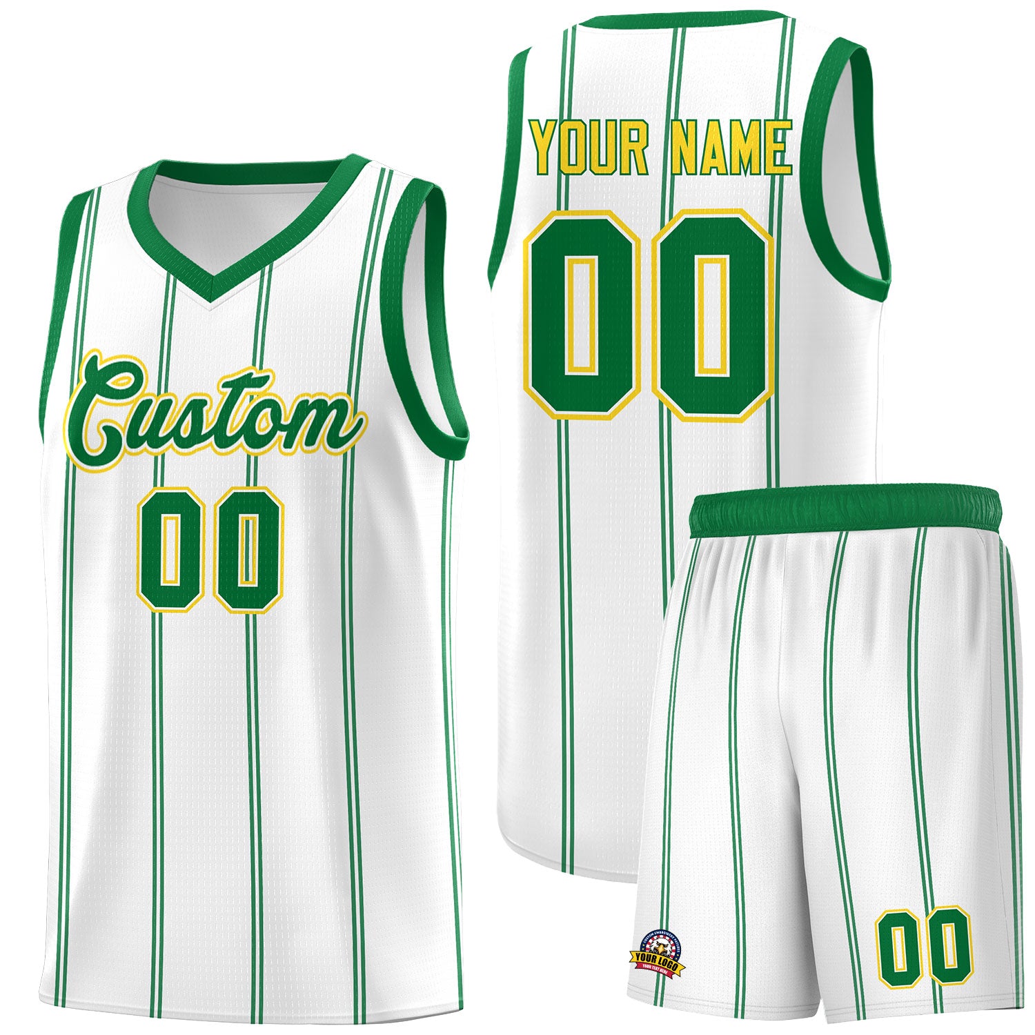 Custom White Kelly Green Gold Vertical Stripes Single Sided Sets Basketball Jersey | For Men,Stitched,Perfect for Training,Add Name and Numbern | KXKSHOP