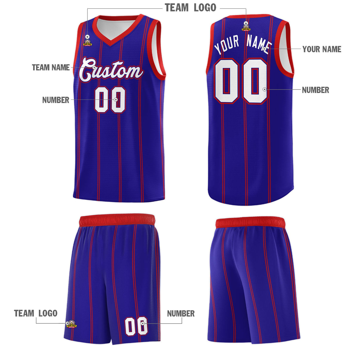 Custom Royal Blue Red White Vertical Stripes Single Sided Sets Basketball Jersey | For Men,Stitched,Perfect for Training,Add Name and Numbern | KXKSHOP