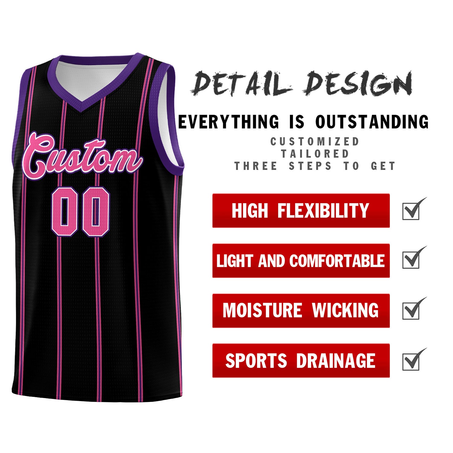 Custom Black Purple Pink White Vertical Stripes Single Sided Sets Basketball Jersey | For Men,Stitched,Perfect for Training,Add Name and Numbern | KXKSHOP