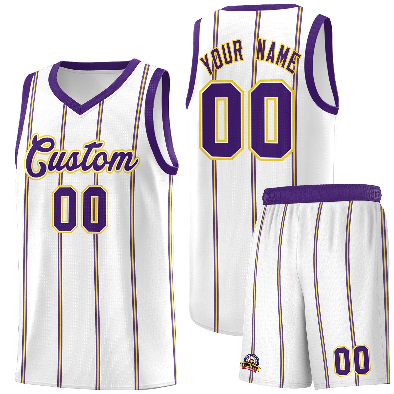 Custom White Purple Gold Vertical Stripes Single Sided Sets Basketball Jersey | For Men,Stitched,Perfect for Training,Add Name and Numbern | KXKSHOP