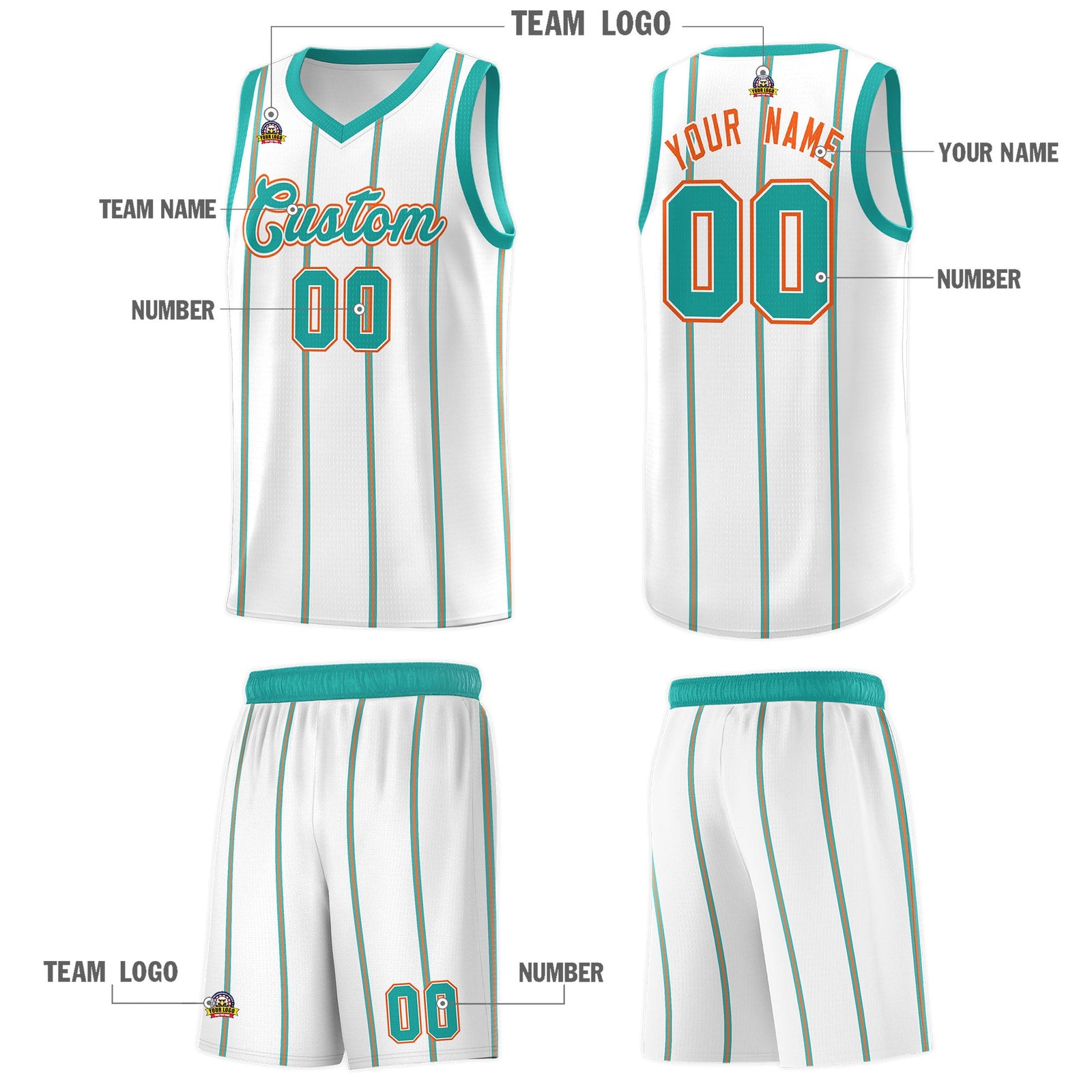 Custom White Aqua Orange Vertical Stripes Single Sided Sets Basketball Jersey | For Men,Stitched,Perfect for Training,Add Name and Numbern | KXKSHOP