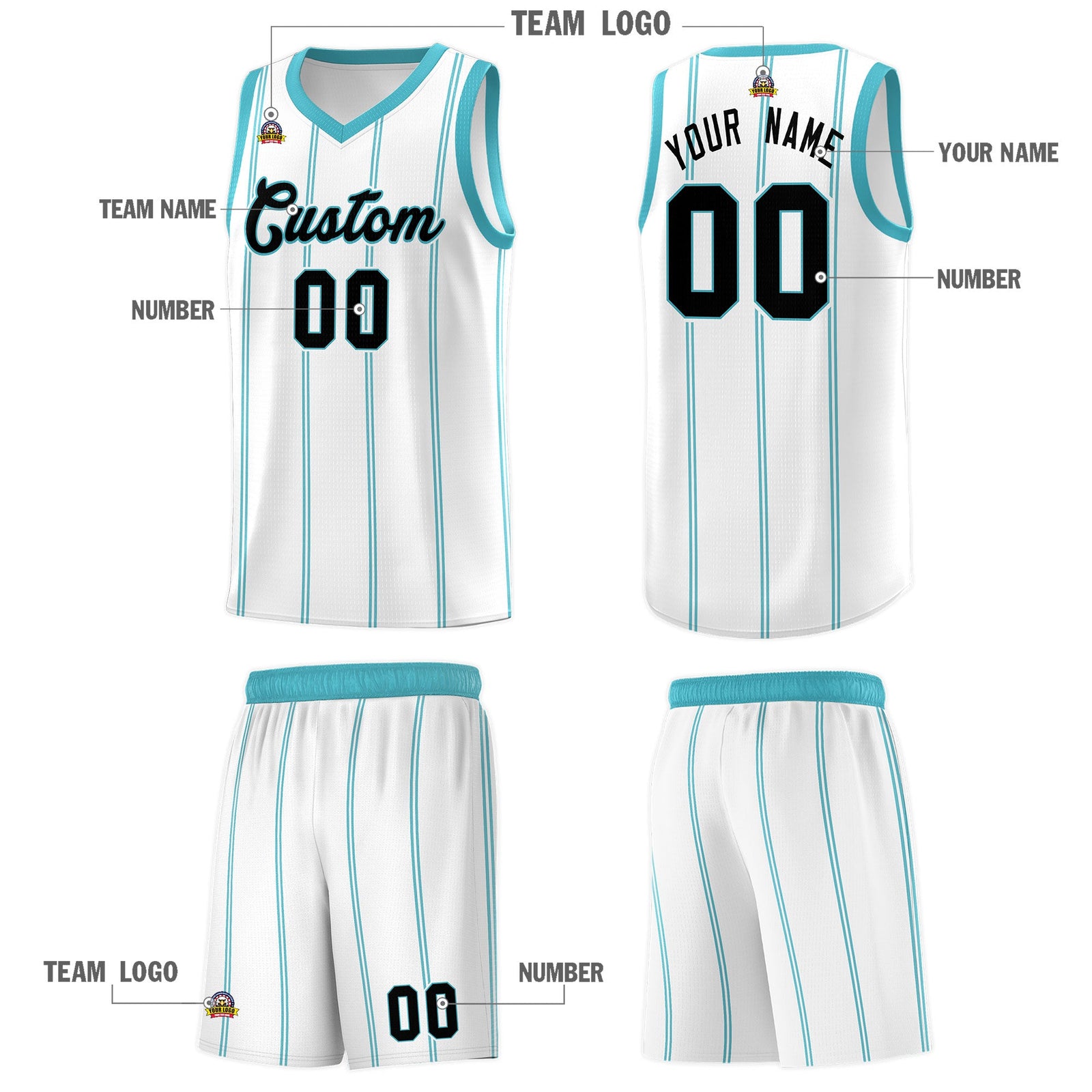 Custom White Sky Blue Black Vertical Stripes Single Sided Sets Basketball Jersey | For Men,Stitched,Perfect for Training,Add Name and Numbern | KXKSHOP