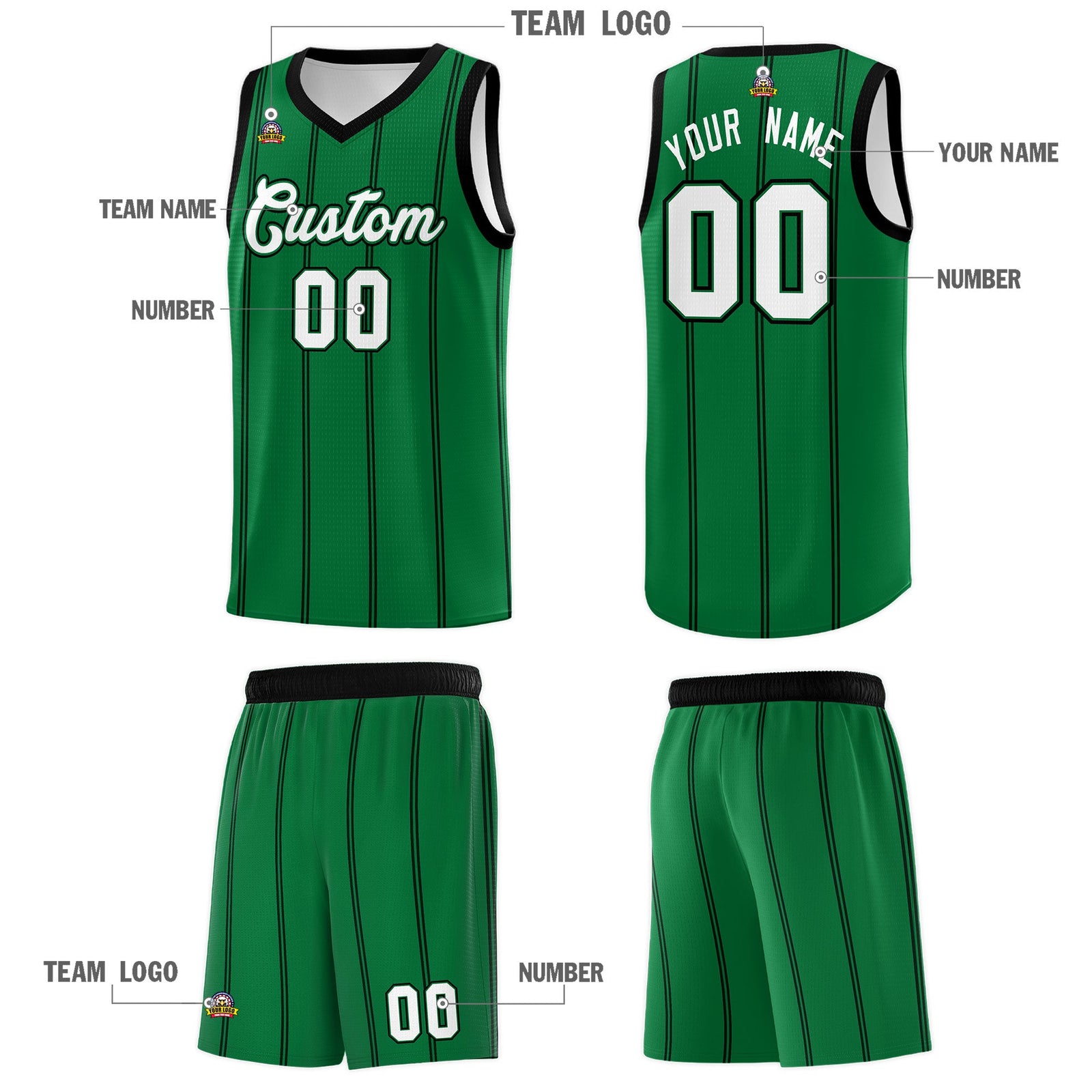 Custom Kelly Green Black White Vertical Stripes Single Sided Sets Basketball Jersey | For Men,Stitched,Perfect for Training,Add Name and Numbern | KXKSHOP