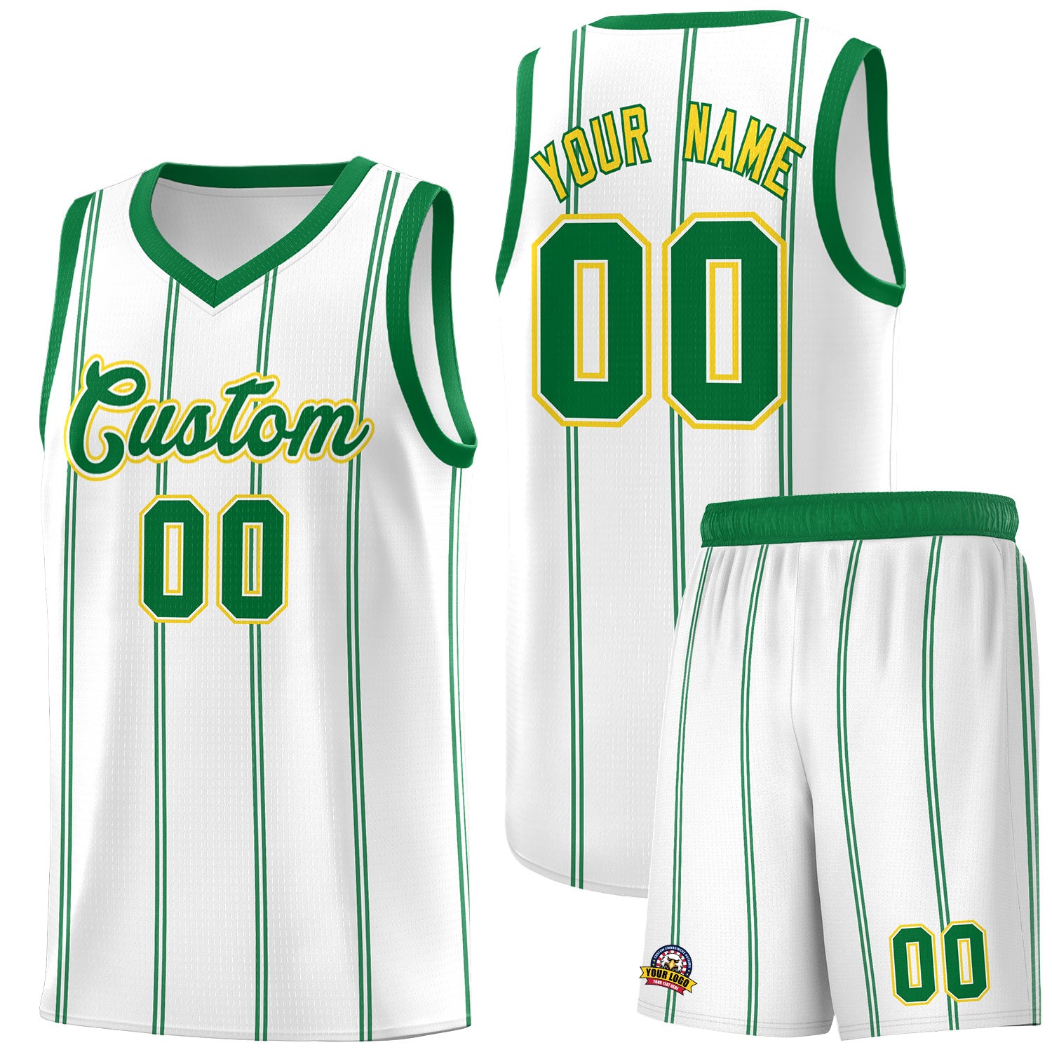 Custom White Kelly Green Gold Vertical Stripes Single Sided Sets Basketball Jersey | For Men,Stitched,Perfect for Training,Add Name and Numbern | KXKSHOP