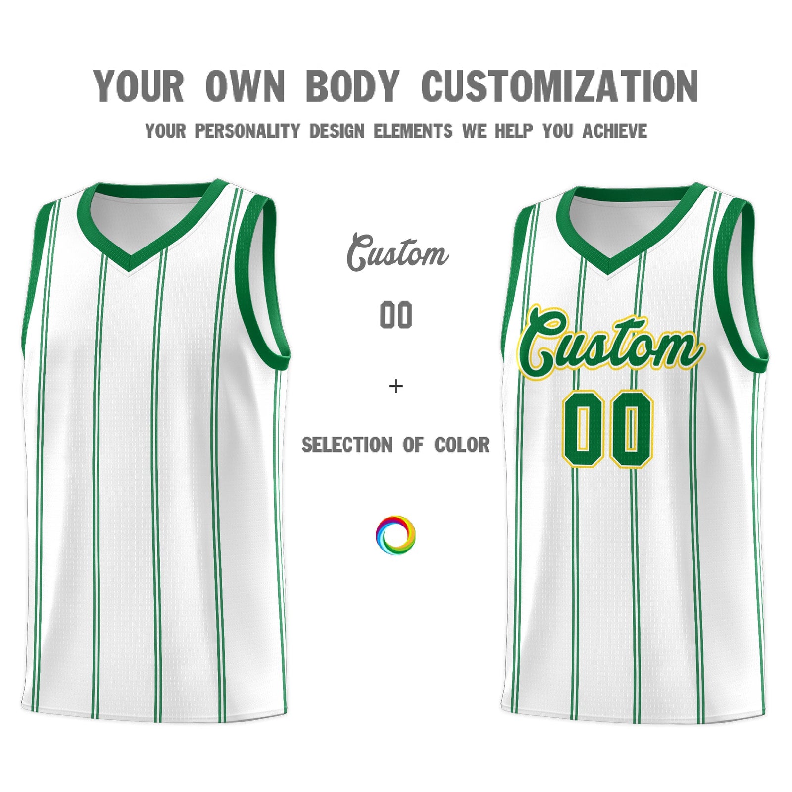 Custom White Kelly Green Gold Vertical Stripes Single Sided Sets Basketball Jersey | For Men,Stitched,Perfect for Training,Add Name and Numbern | KXKSHOP