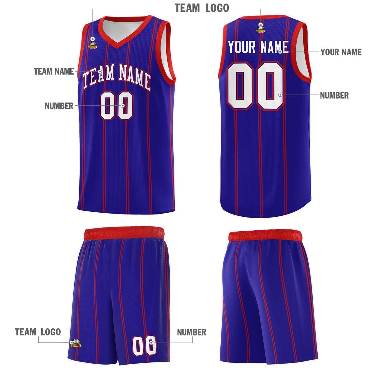 Custom Royal Blue Red White Vertical Stripes Single Sided Sets Basketball Jersey | For Men,Stitched,Perfect for Training,Add Name and Numbern | KXKSHOP