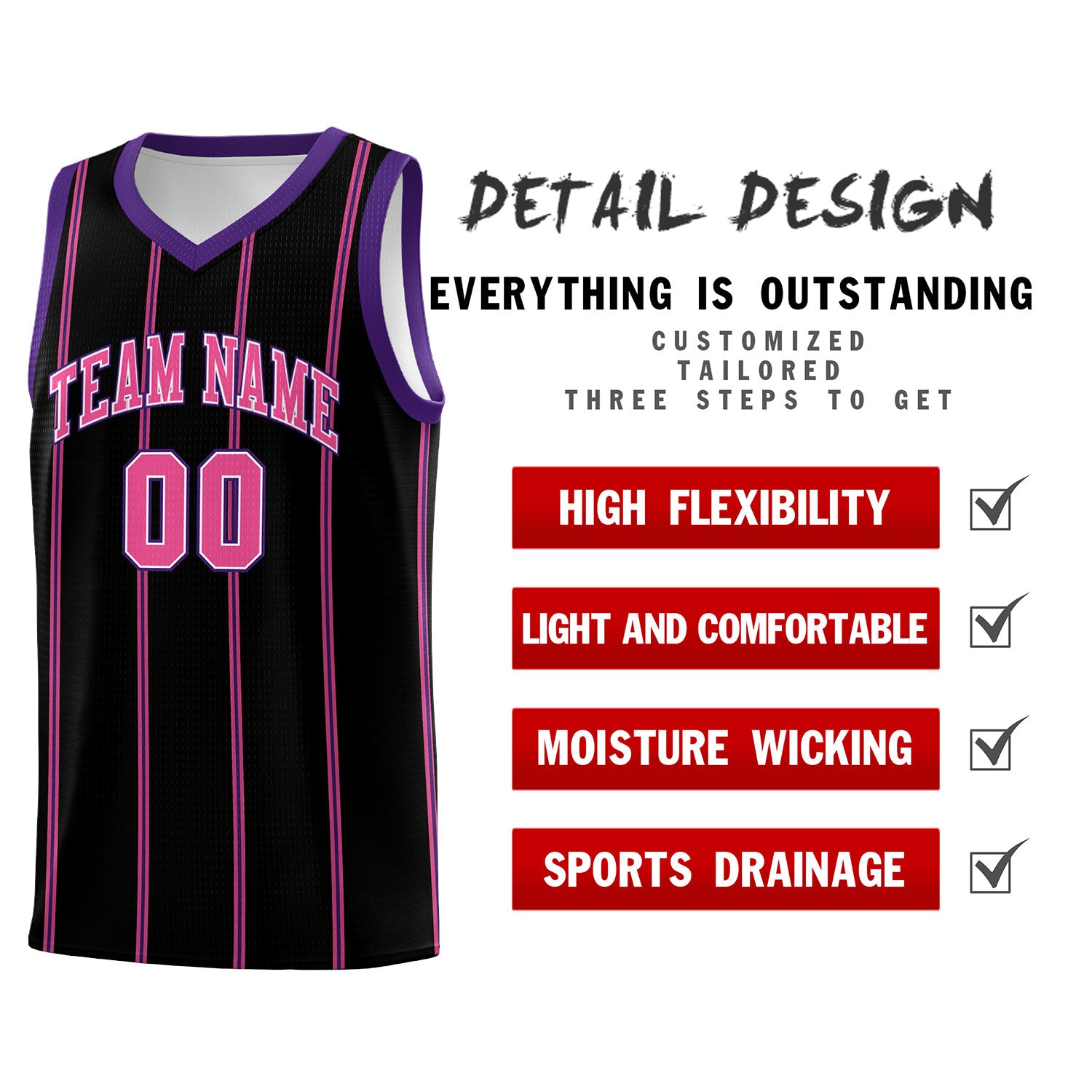 Custom Black Purple Pink White Vertical Stripes Single Sided Sets Basketball Jersey | For Men,Stitched,Perfect for Training,Add Name and Numbern | KXKSHOP