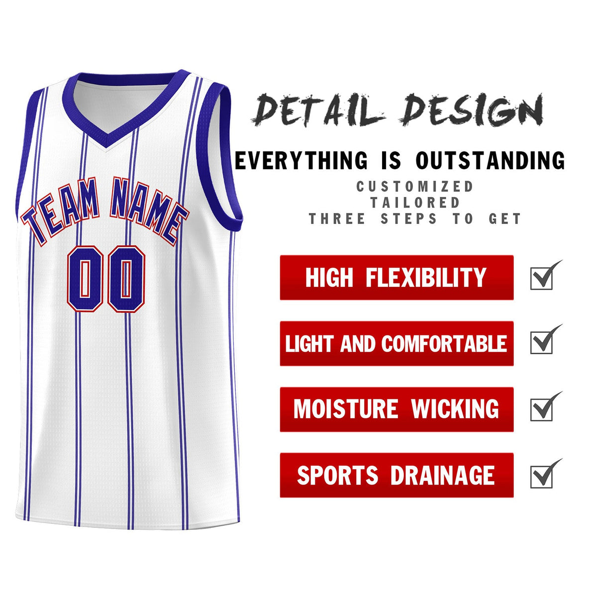 Custom White Royal Blue Red Vertical Stripes Single Sided Sets Basketball Jersey | For Men,Stitched,Perfect for Training,Add Name and Numbern | KXKSHOP