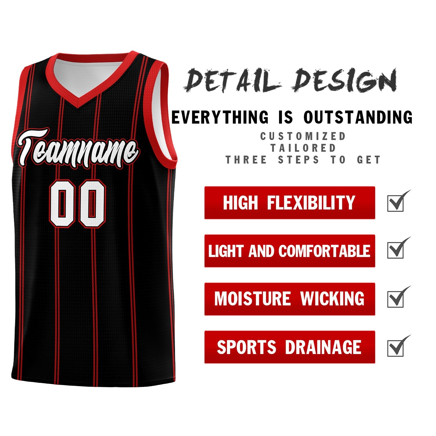 Custom Black Red White Vertical Stripes Single Sided Sets Basketball Jersey | For Men,Stitched,Perfect for Training,Add Name and Numbern | KXKSHOP