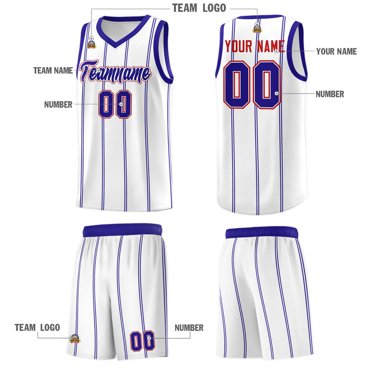 Custom White Royal Blue Red Vertical Stripes Single Sided Sets Basketball Jersey | For Men,Stitched,Perfect for Training,Add Name and Numbern | KXKSHOP