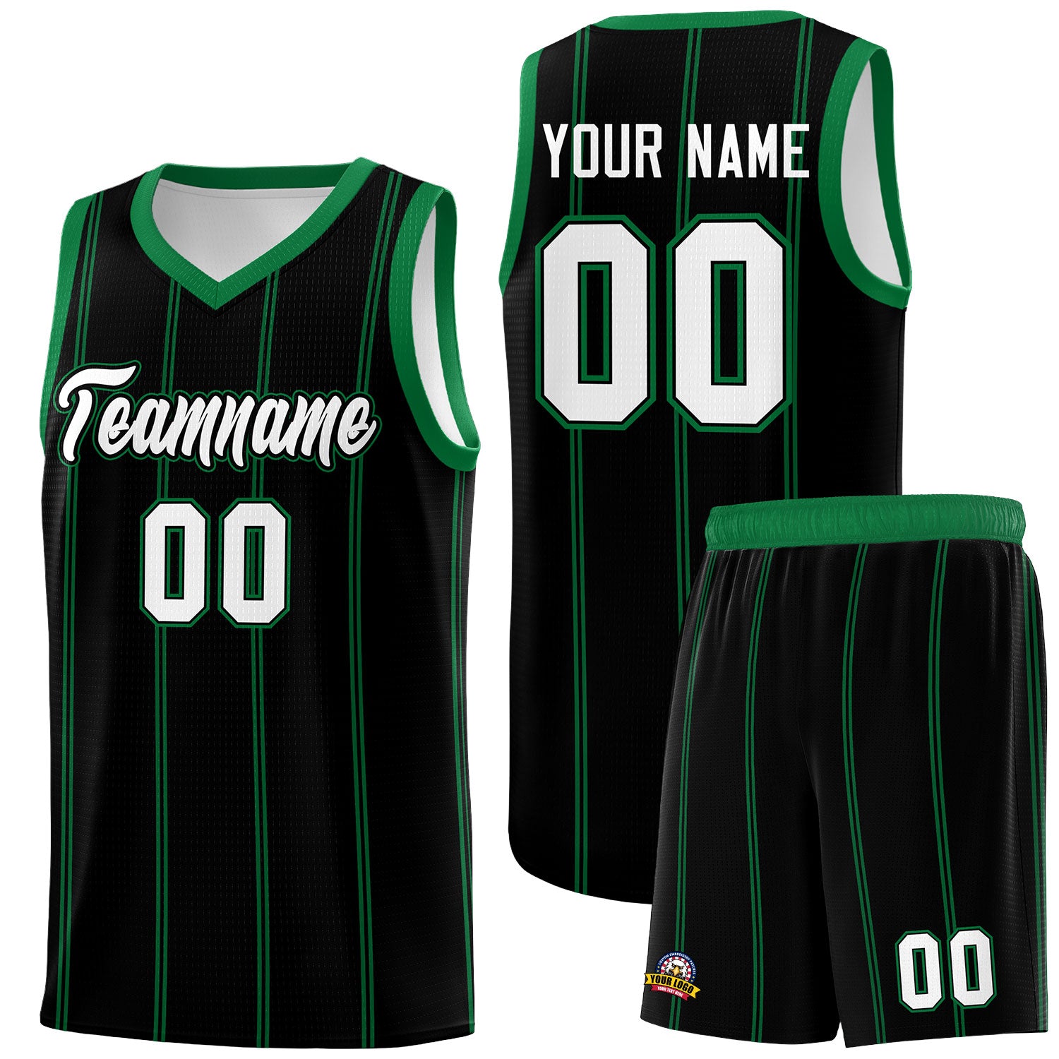 Custom Black Kelly Green White Vertical Stripes Single Sided Sets Basketball Jersey | For Men,Stitched,Perfect for Training,Add Name and Numbern | KXKSHOP