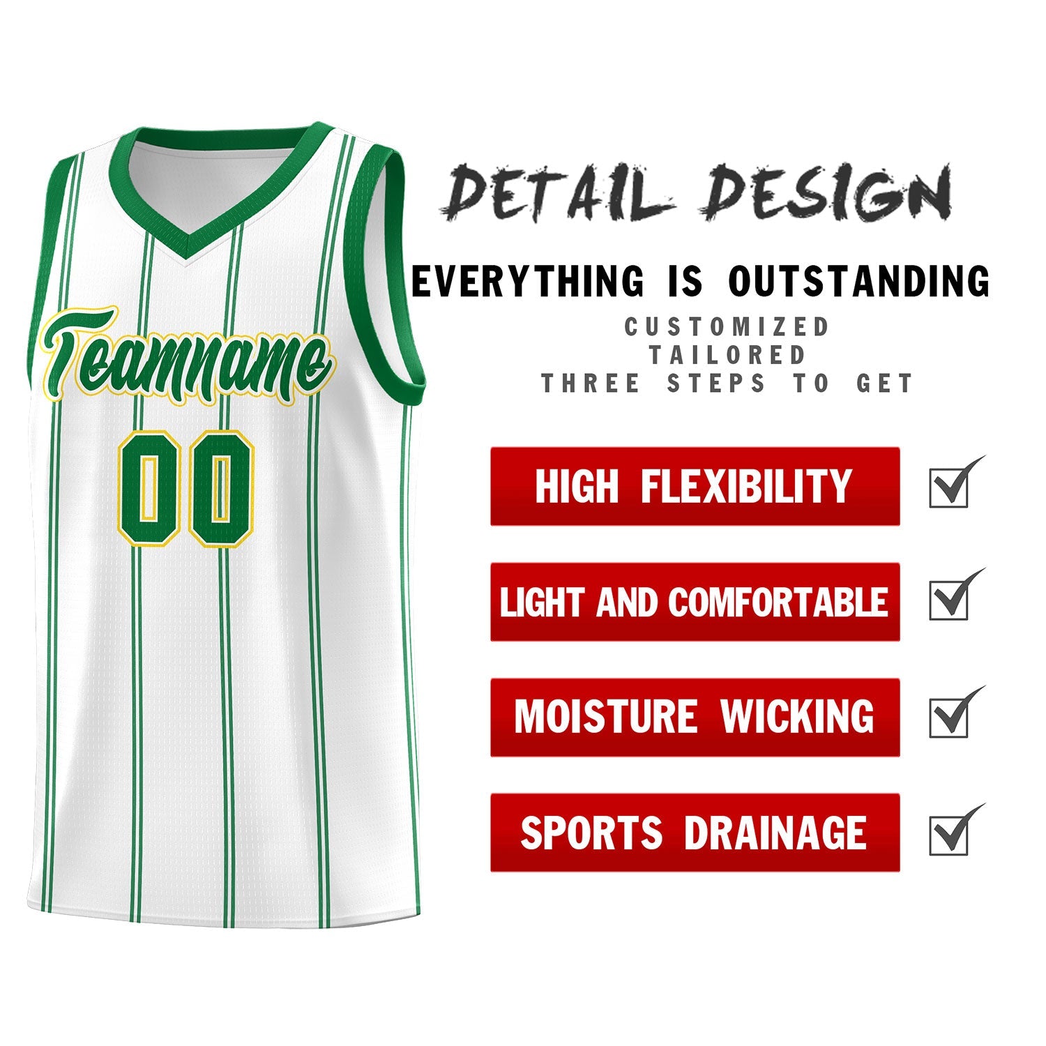 Custom White Kelly Green Gold Vertical Stripes Single Sided Sets Basketball Jersey | For Men,Stitched,Perfect for Training,Add Name and Numbern | KXKSHOP